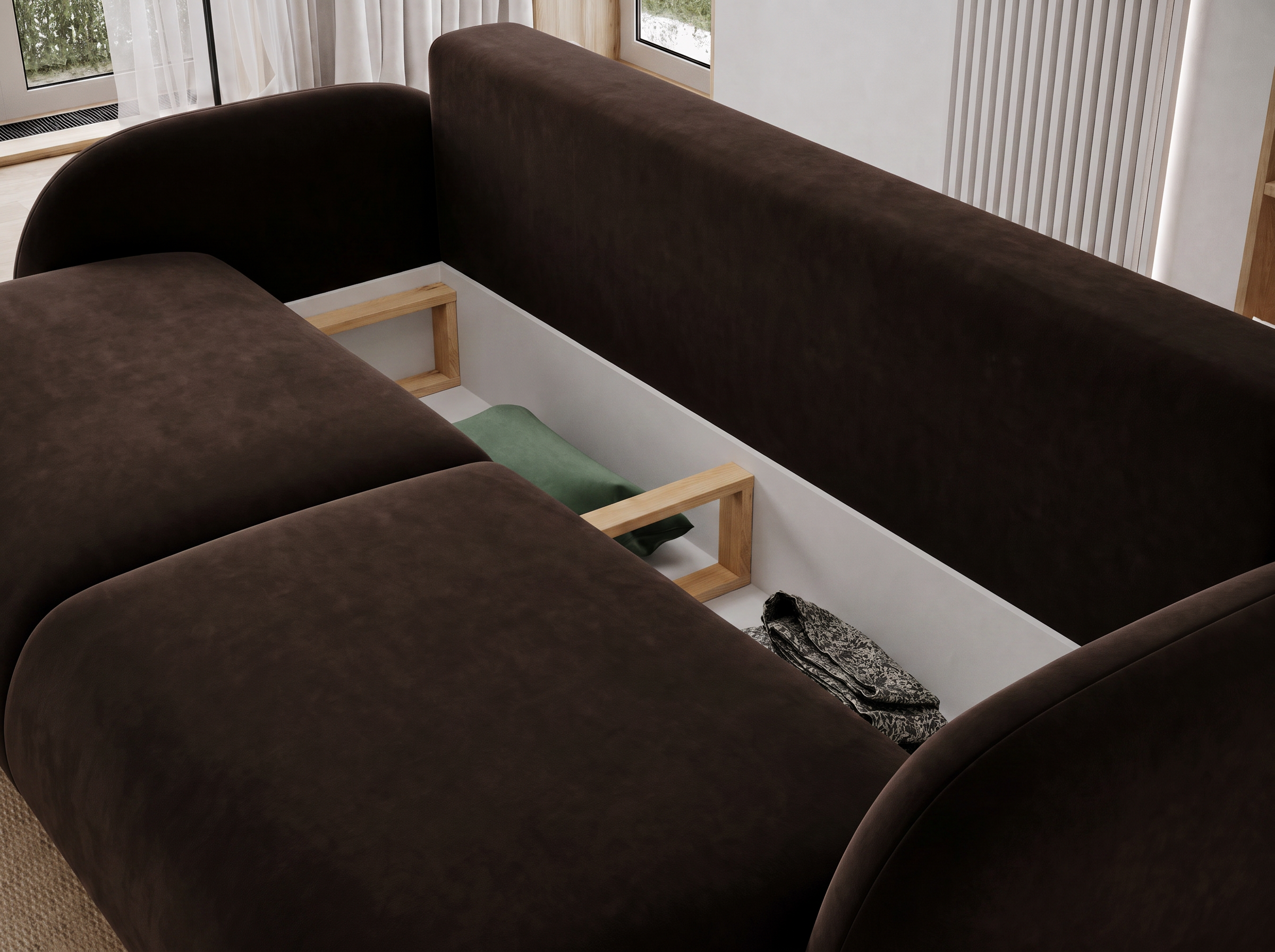 Canapé convertible design CADET avec coffre de rangement - Velours marron foncé - vue 9