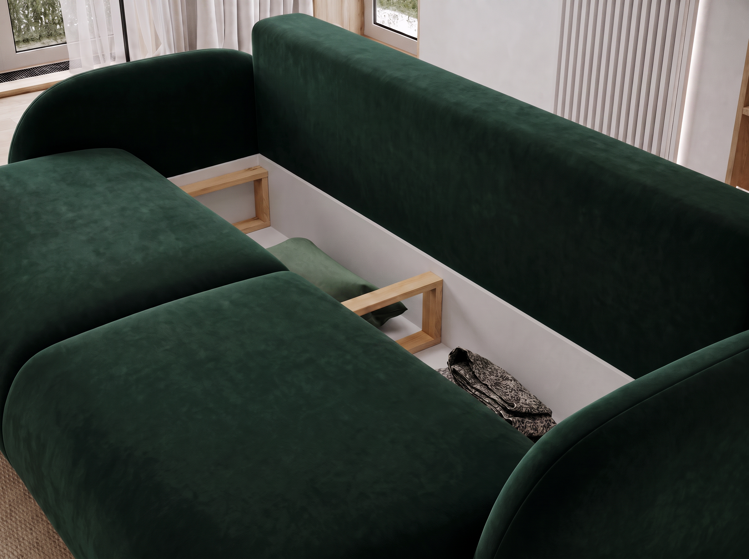 Canapé convertible design CADET avec coffre de rangement - Velours vert sapin - vue 9