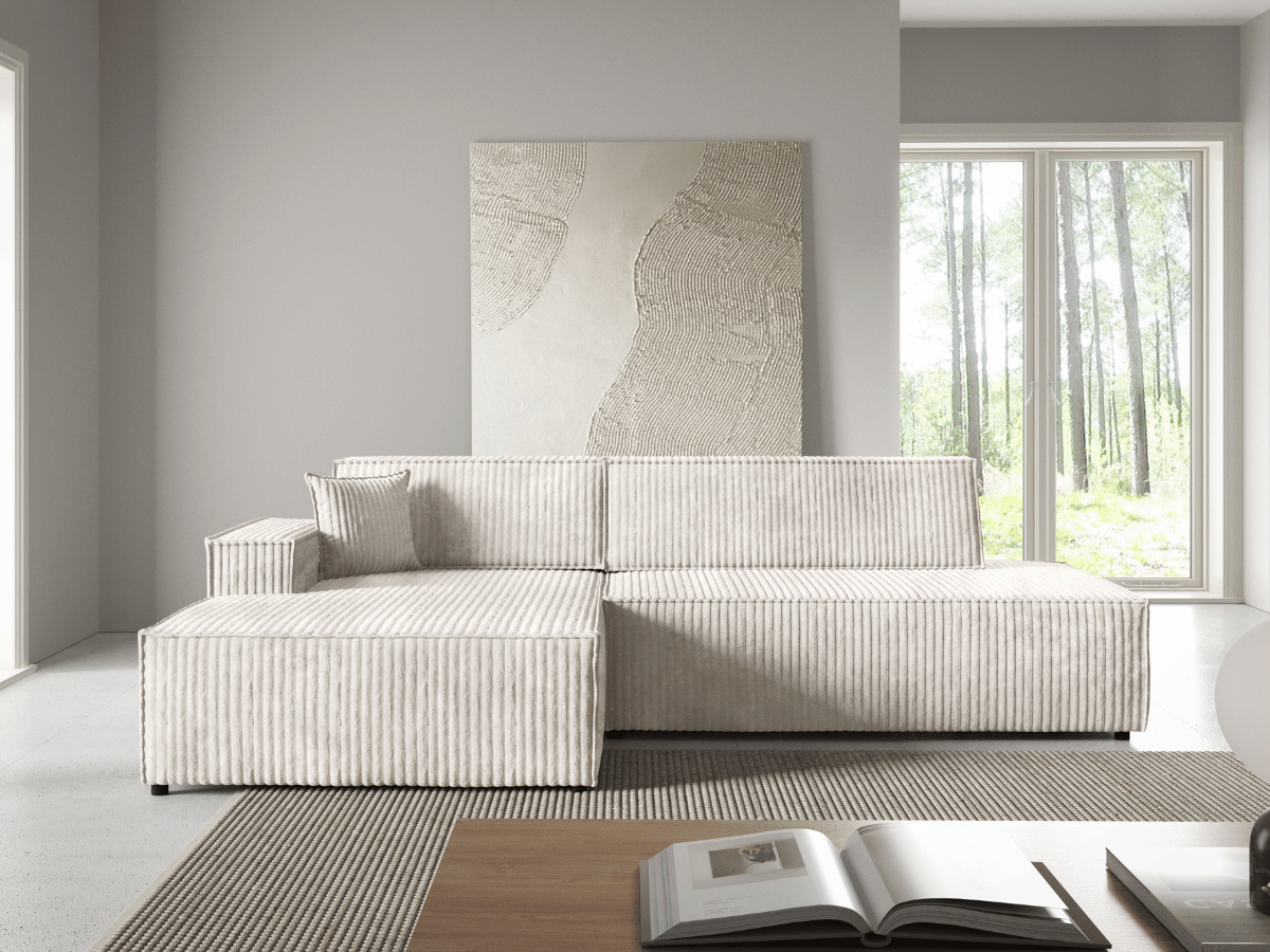 Gran sofá cama esquinero de pana beige GRENELLE