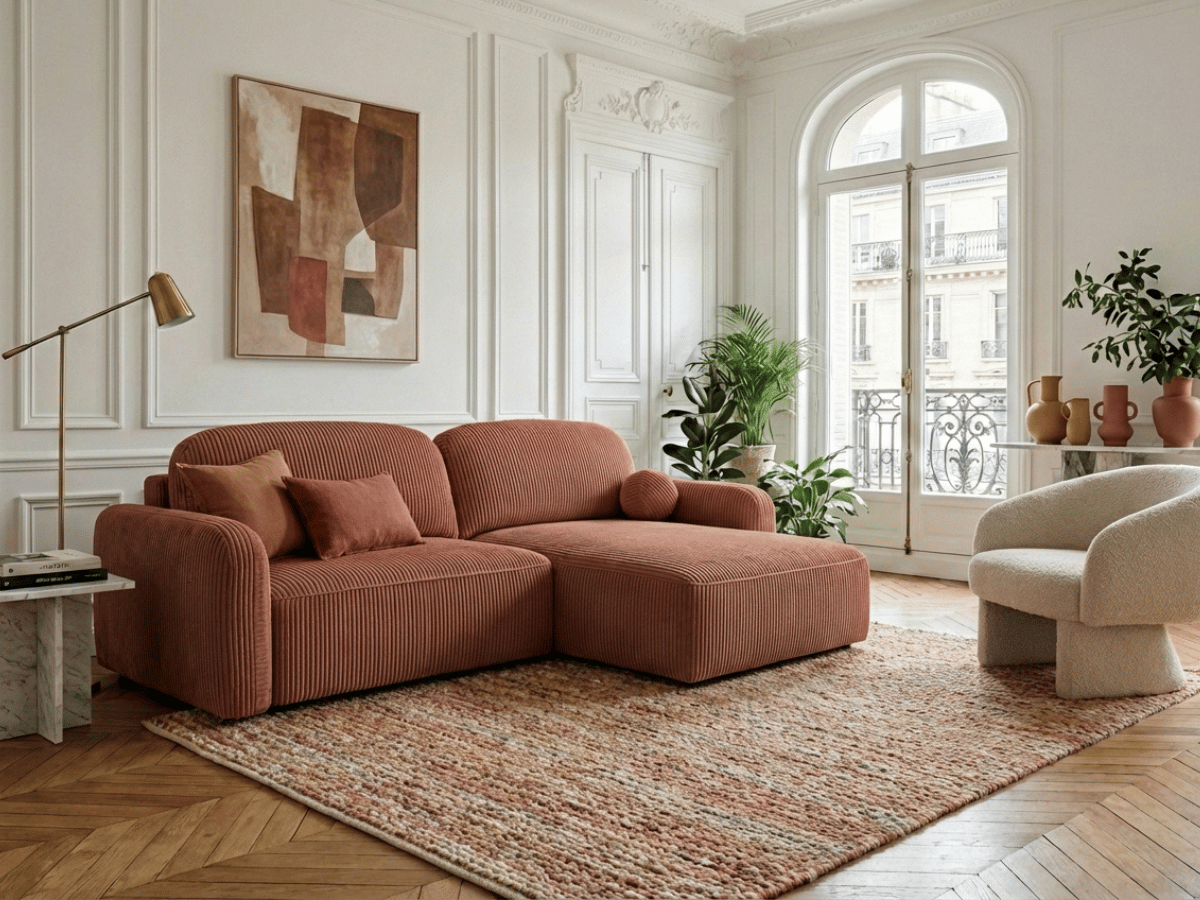 Canapé d’angle convertible HONORÉ – velours côtelé avec coffre