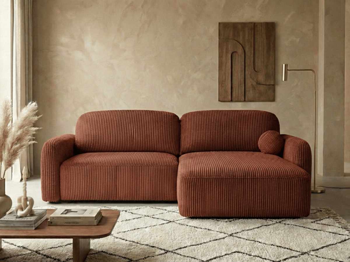 Canapé d’angle convertible HONORÉ – velours côtelé avec coffre