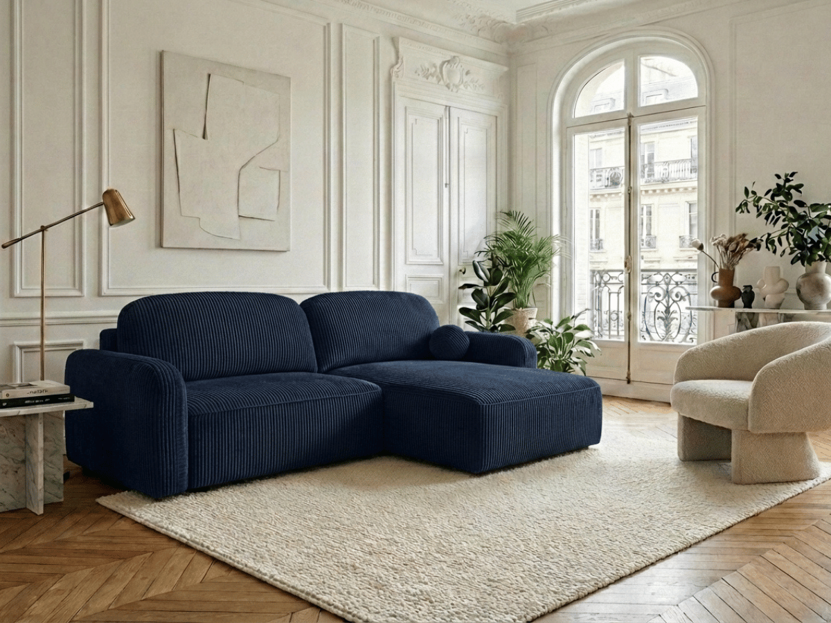 Canapé d’angle convertible HONORÉ – velours côtelé avec coffre