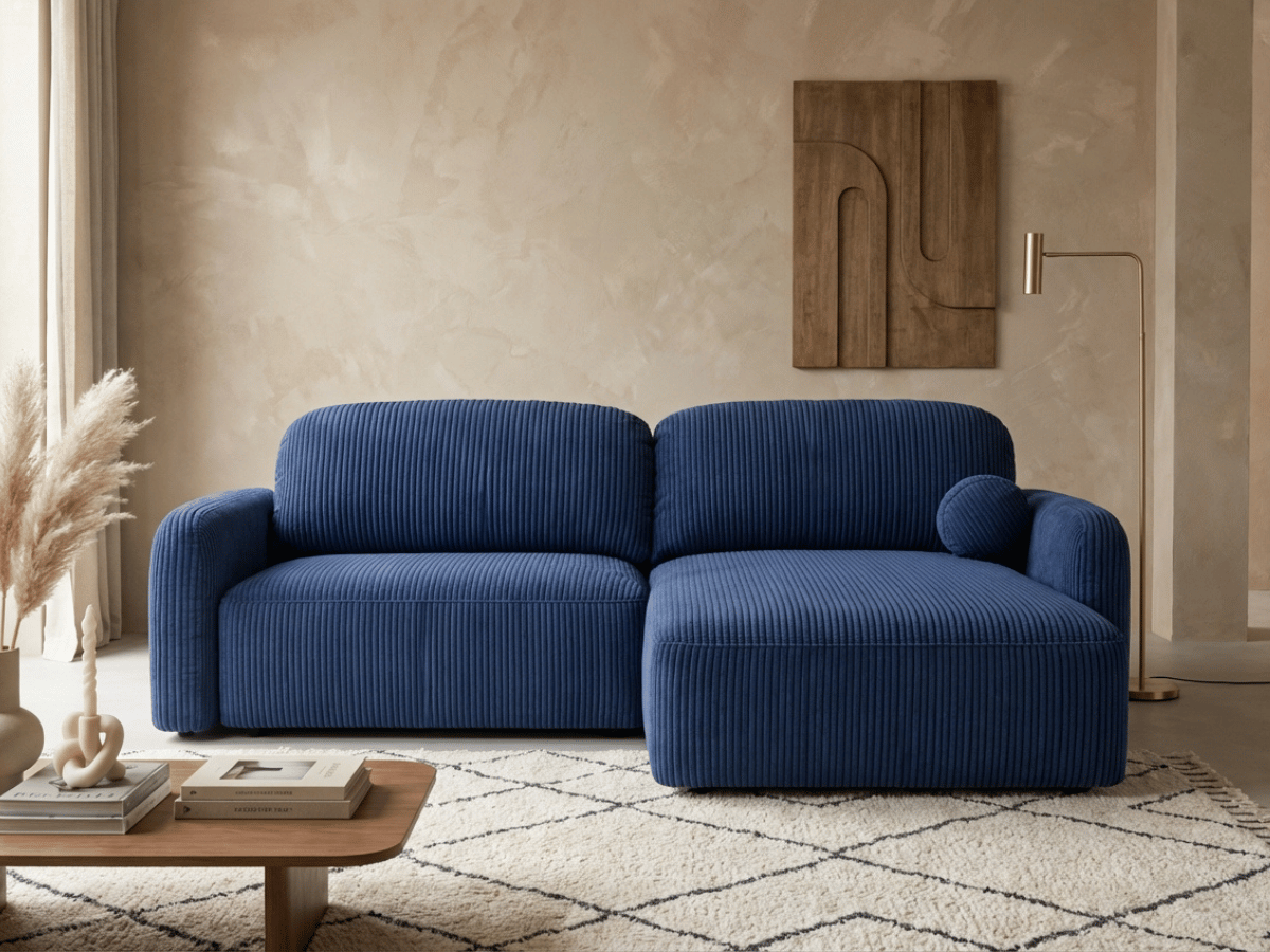 Canapé d’angle convertible HONORÉ – velours côtelé avec coffre