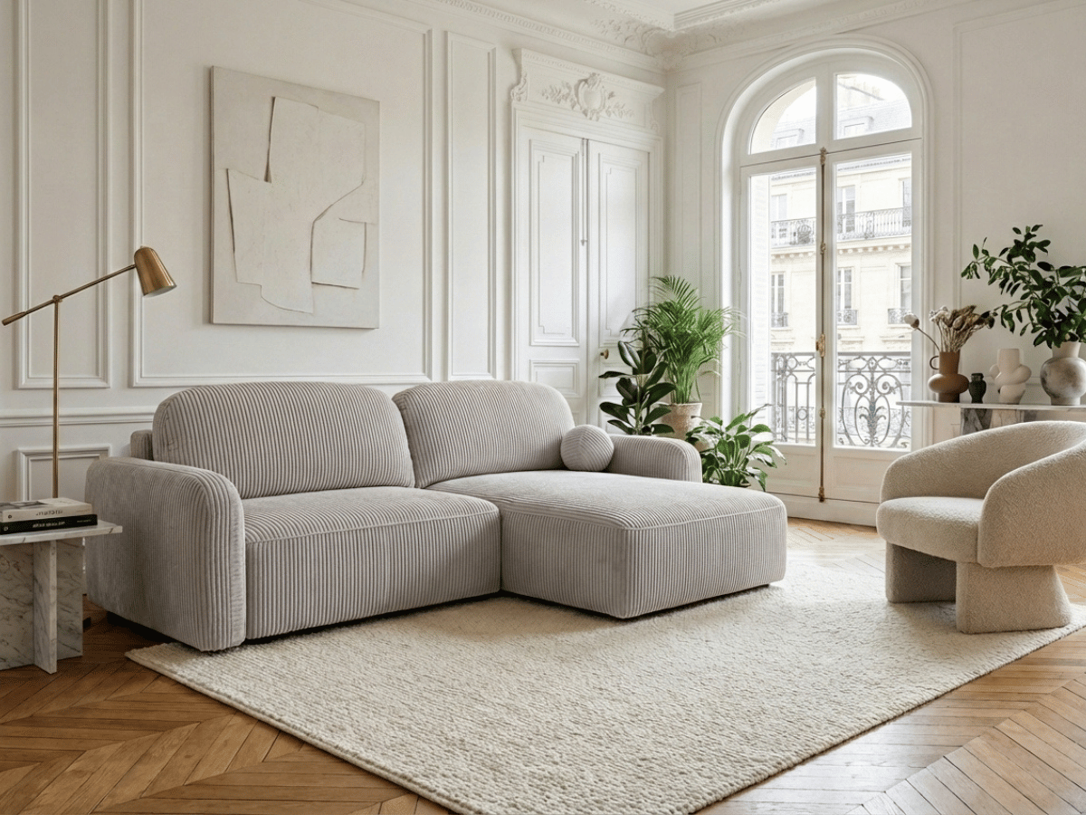 Canapé d’angle convertible HONORÉ – velours côtelé avec coffre