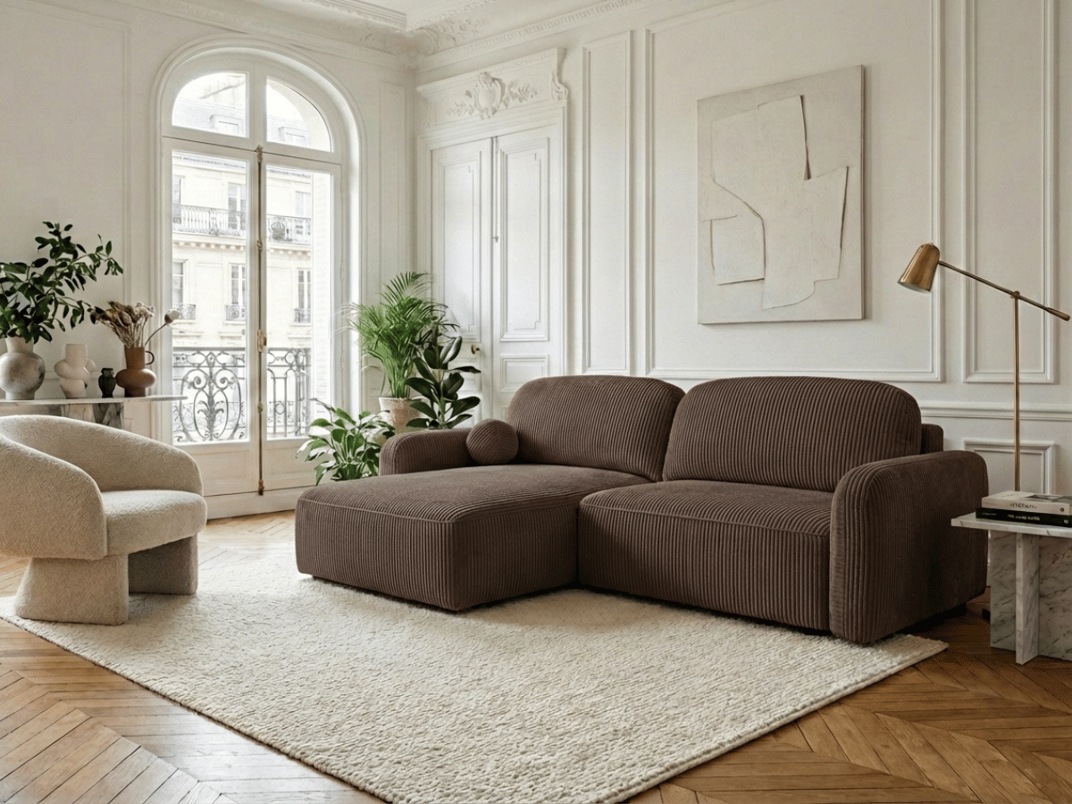 Canapé d’angle convertible HONORÉ – velours côtelé avec coffre