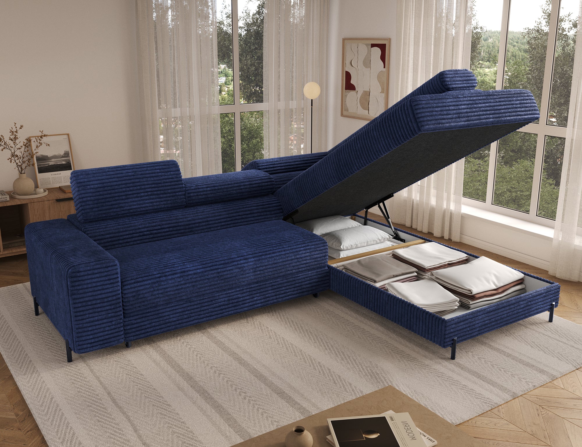 Canapé d’angle convertible LAFAYETTE en velours côtelé avec têtières relevables