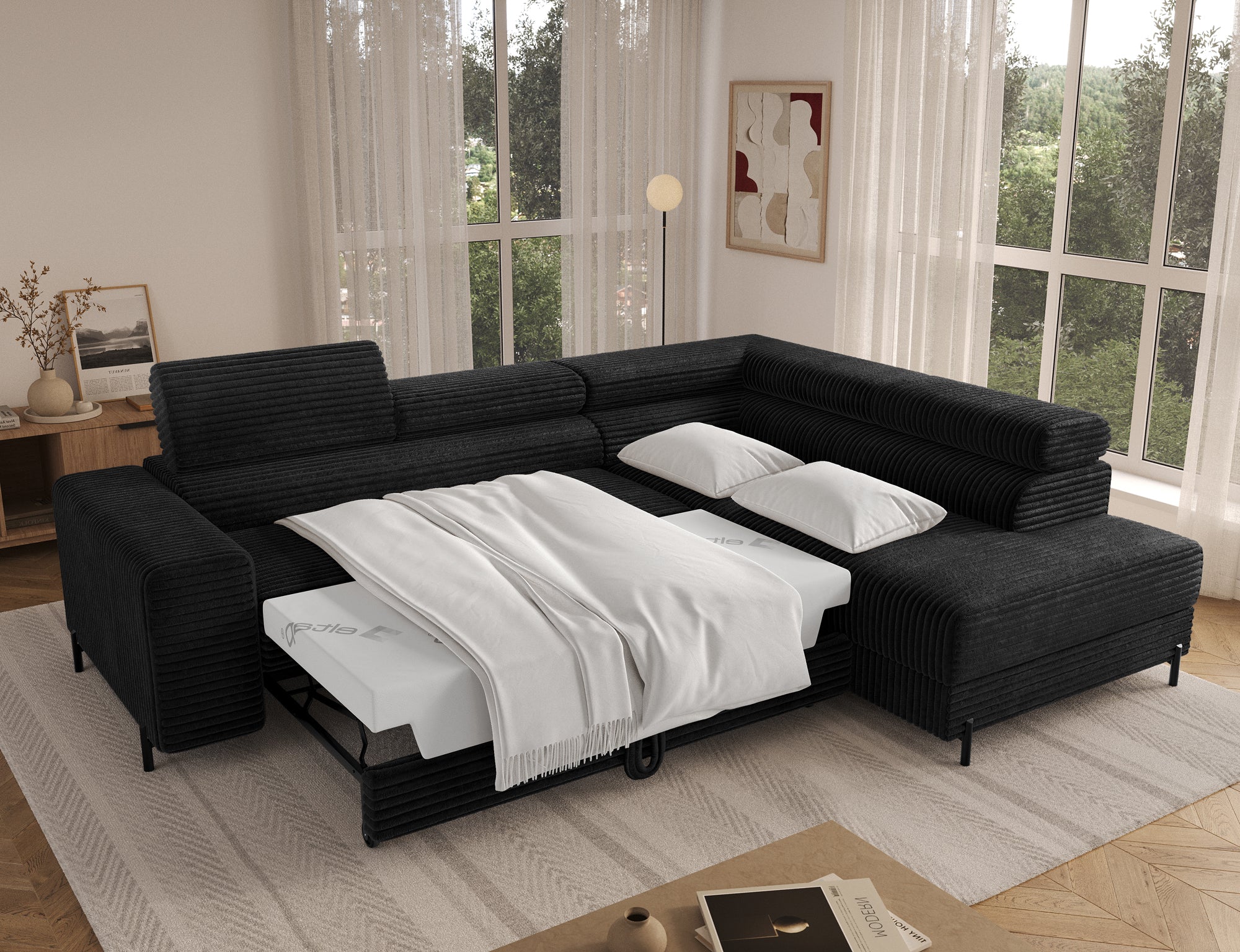 Canapé d’angle convertible LAFAYETTE en velours côtelé avec têtières relevables