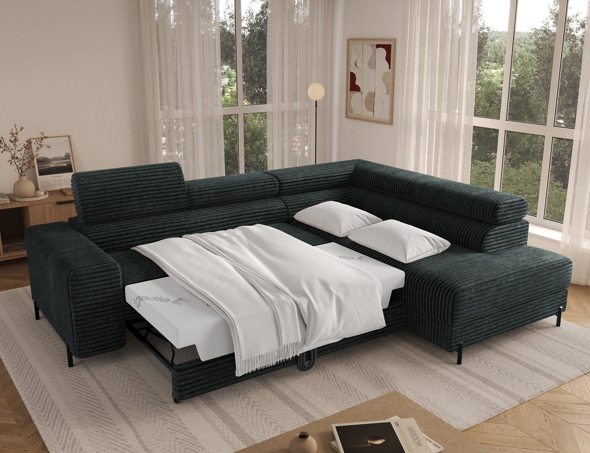 Canapé d’angle convertible LAFAYETTE en velours côtelé avec têtières relevables