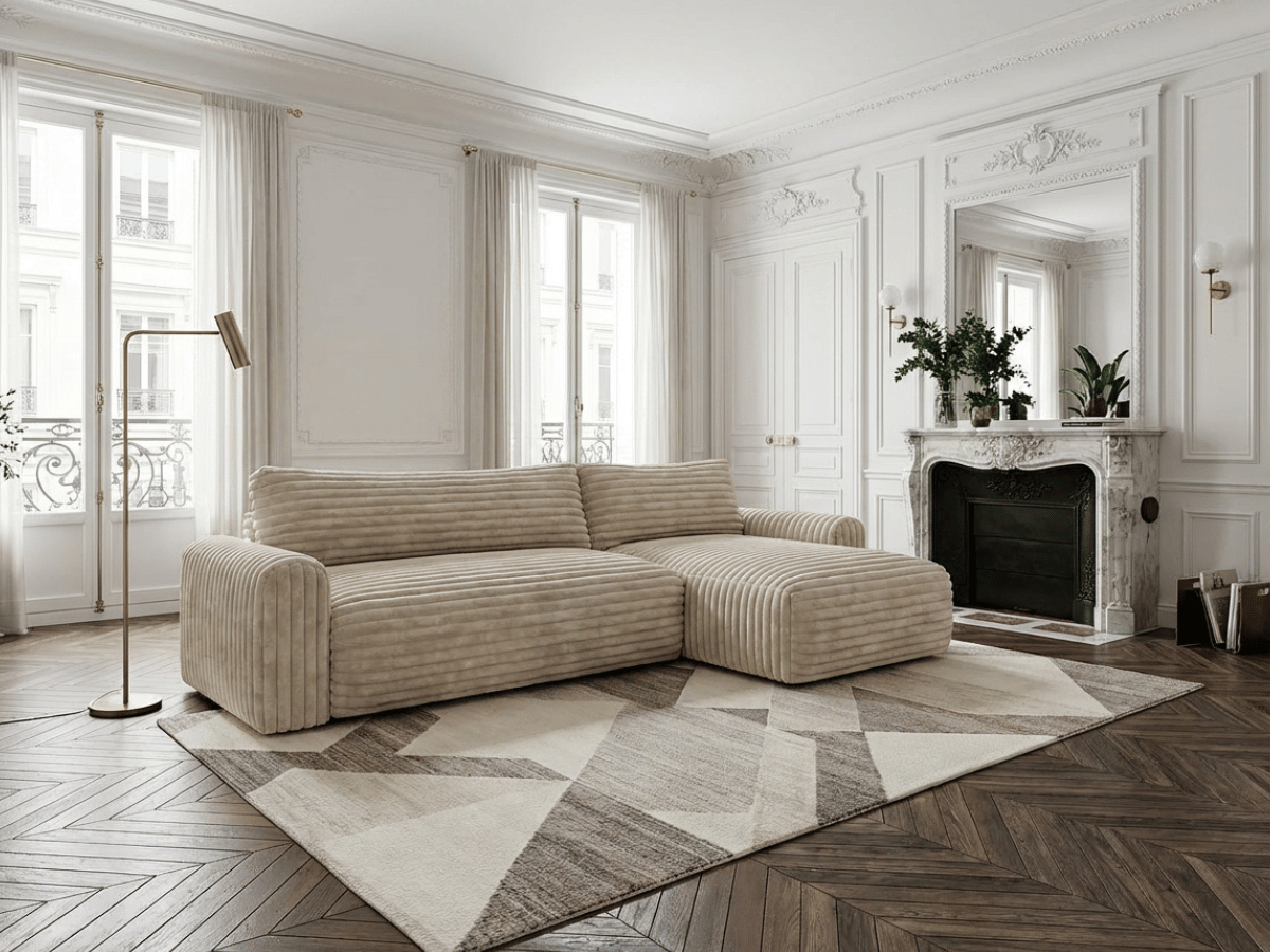 Canapé d’angle convertible Marbeuf avec coffre – Velours côtelé ou bouclette