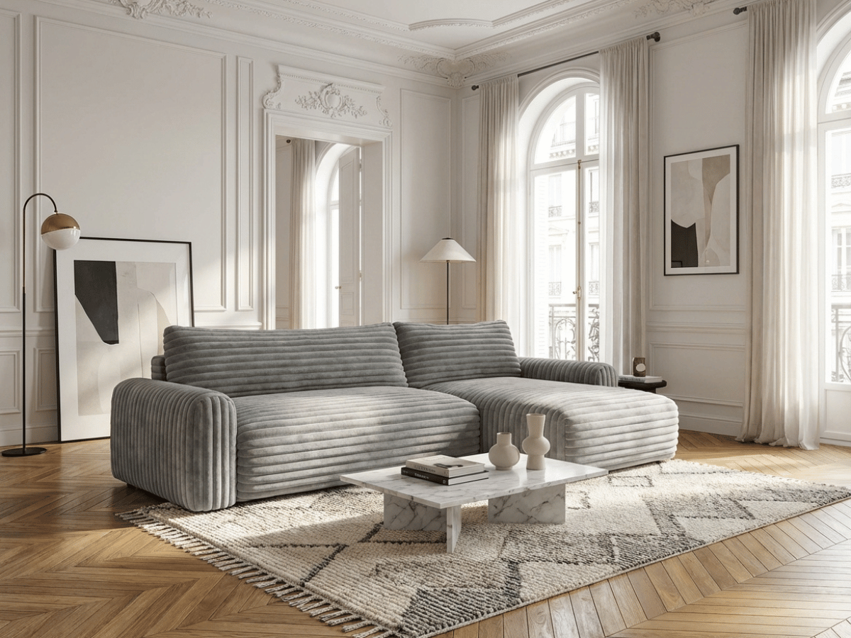 Canapé d’angle convertible Marbeuf avec coffre – Velours côtelé ou bouclette