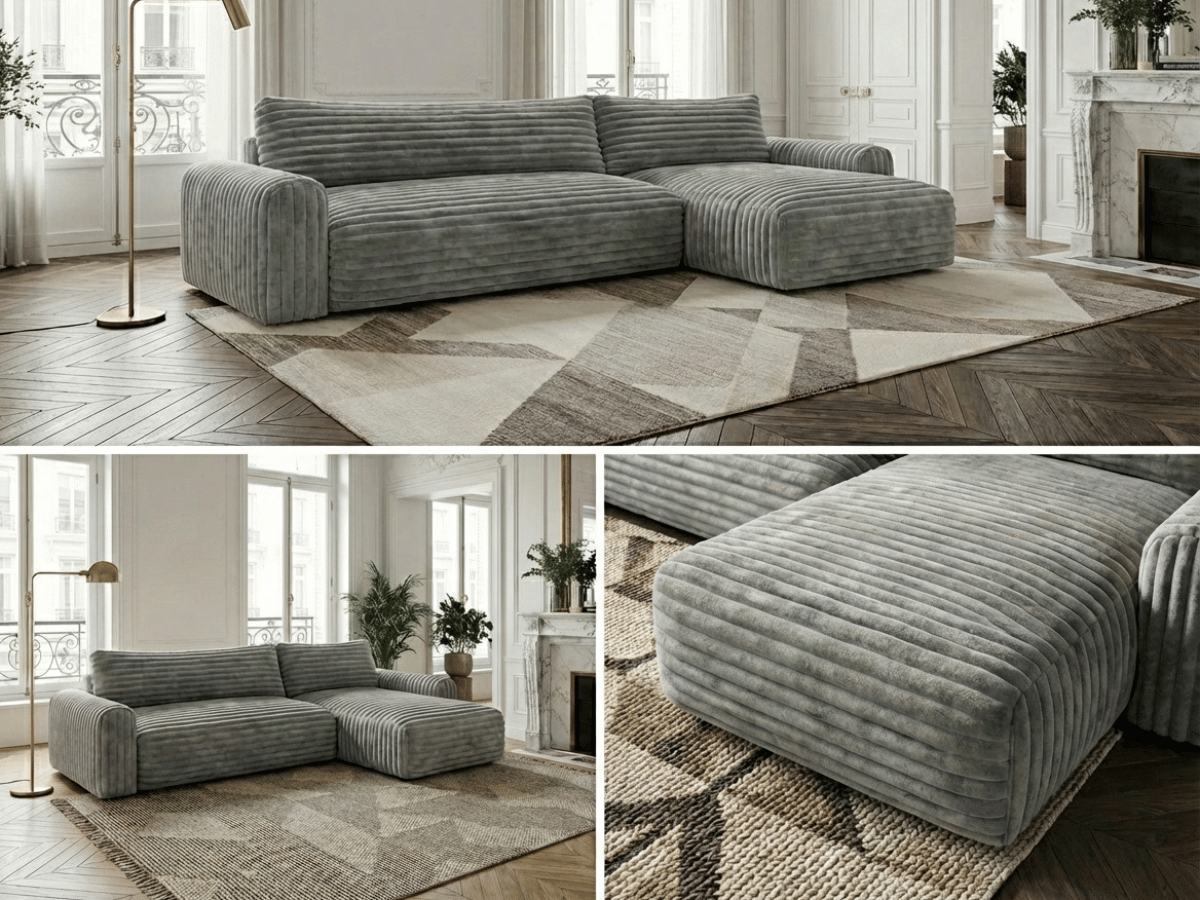 Canapé d’angle convertible Marbeuf avec coffre – Velours côtelé ou bouclette