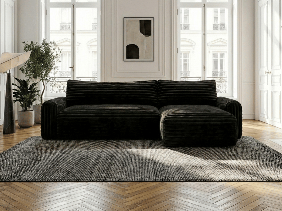 Canapé d’angle convertible Marbeuf avec coffre – Velours côtelé ou bouclette