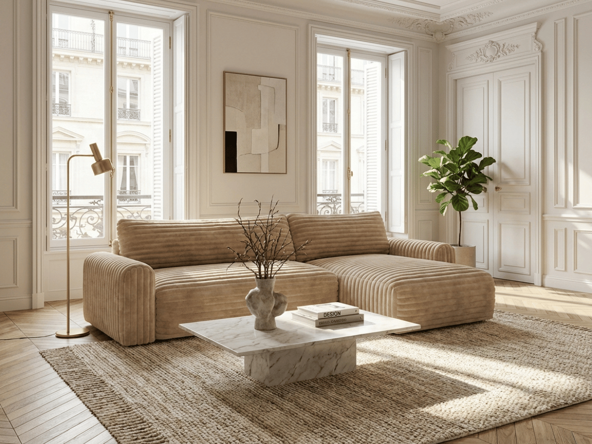 Canapé d’angle convertible Marbeuf avec coffre – Velours côtelé ou bouclette