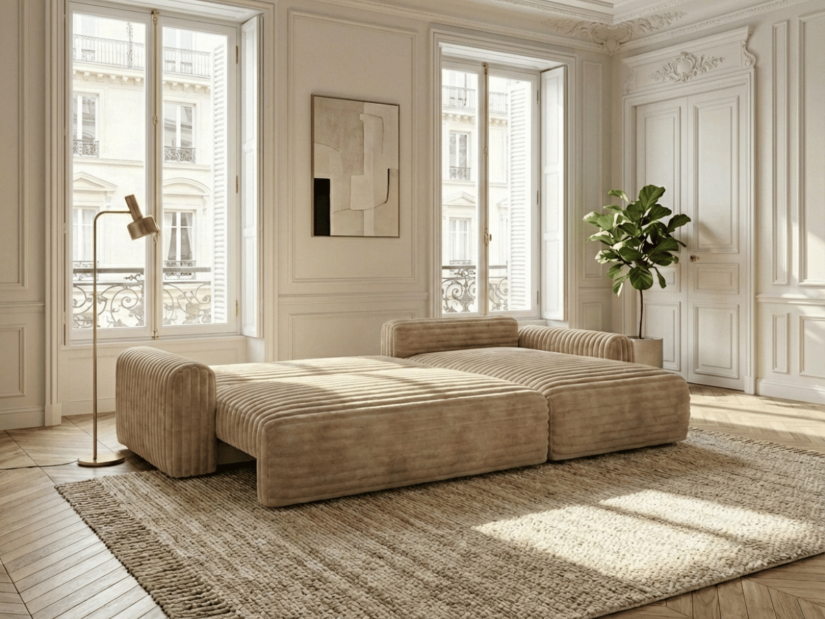 Canapé d’angle convertible Marbeuf avec coffre – Velours côtelé ou bouclette