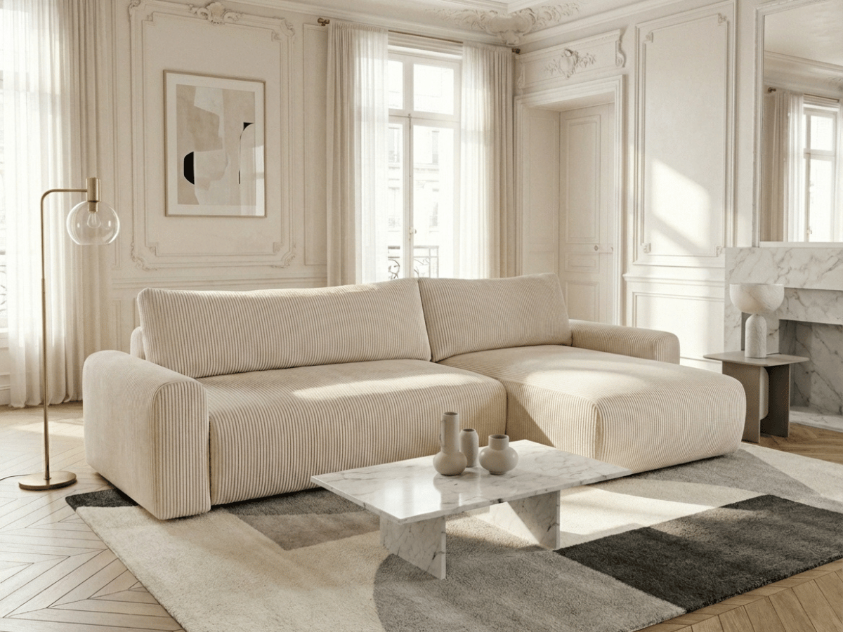 Canapé d’angle convertible Marbeuf avec coffre – Velours côtelé ou bouclette