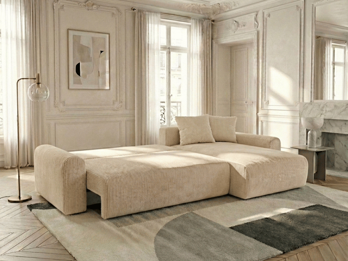 Canapé d’angle convertible Marbeuf avec coffre – Velours côtelé ou bouclette