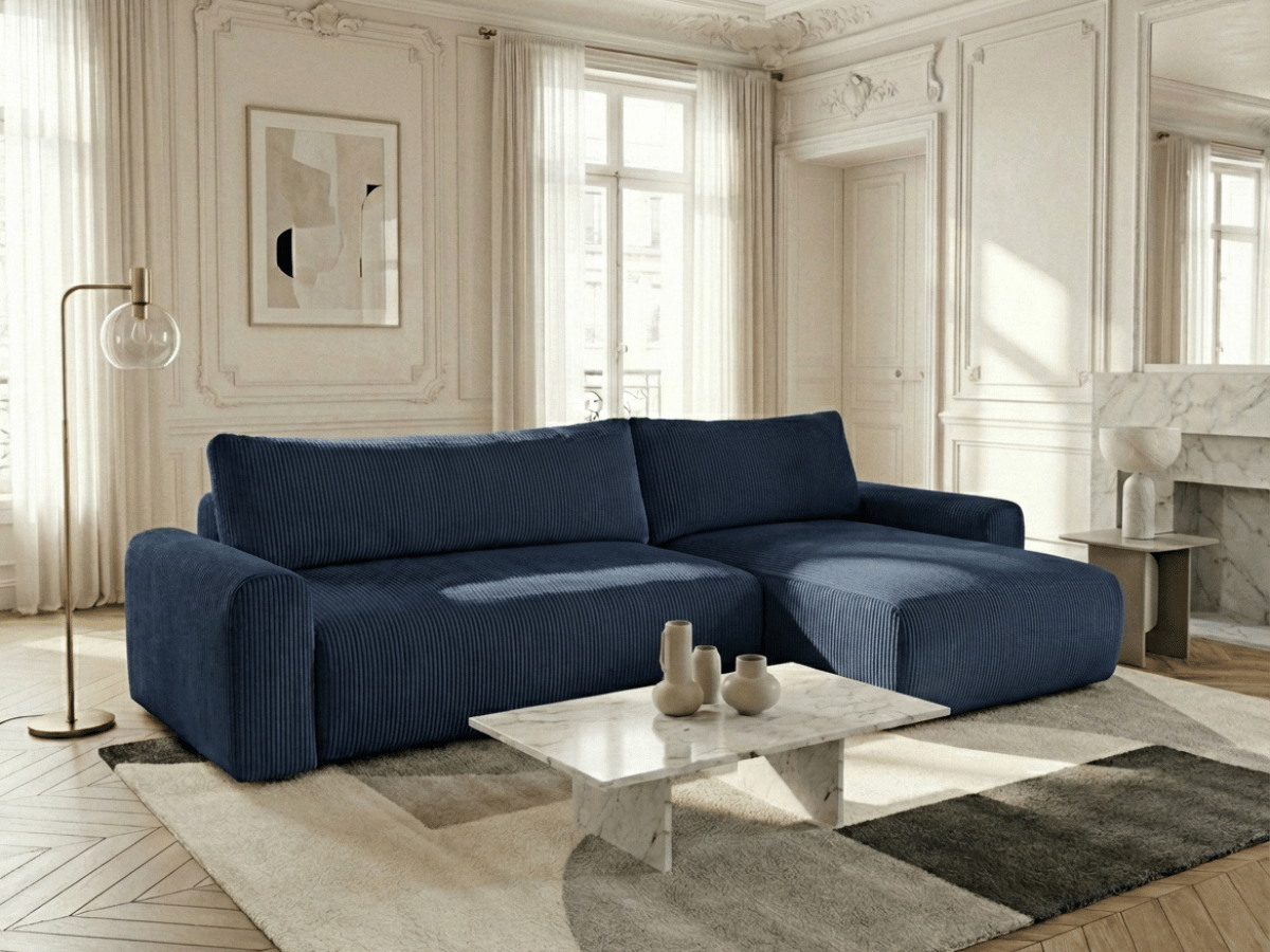 Canapé d’angle convertible Marbeuf avec coffre – Velours côtelé ou bouclette