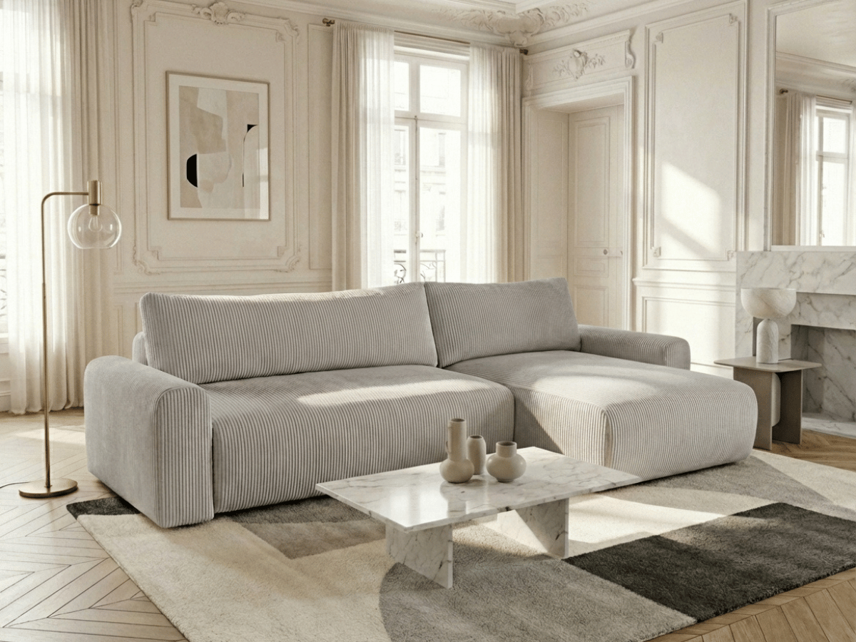 Canapé d’angle convertible Marbeuf avec coffre – Velours côtelé ou bouclette