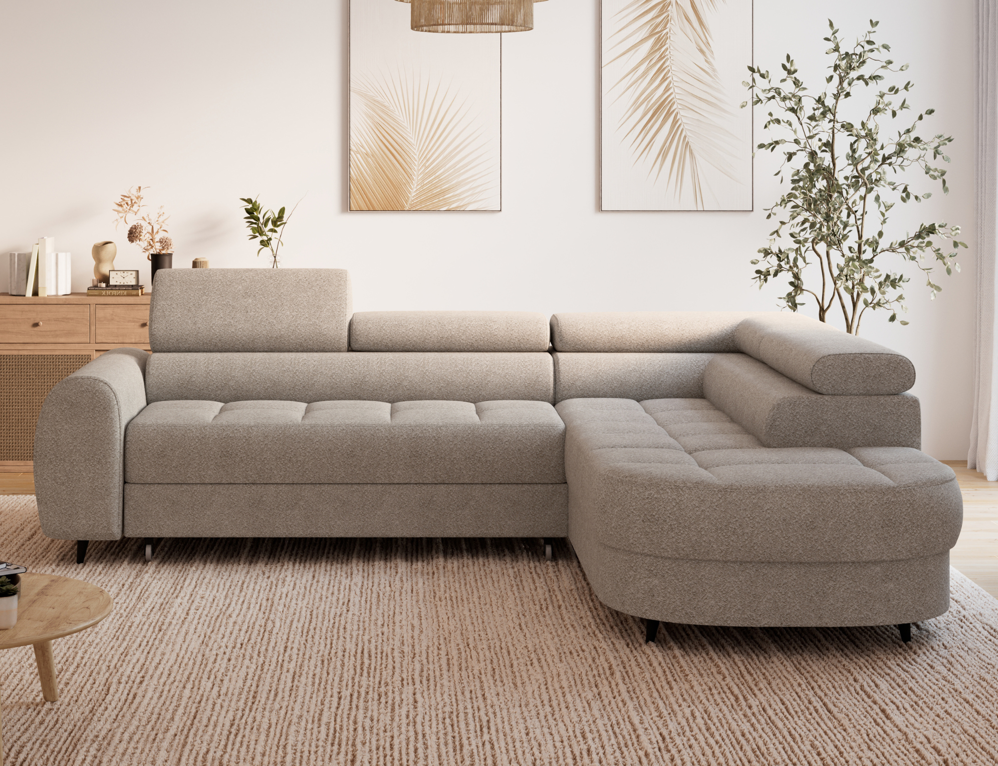 Canapé d'angle convertible design ALESIA avec coffre de rangement - Bouclette chinée beige - vue 3