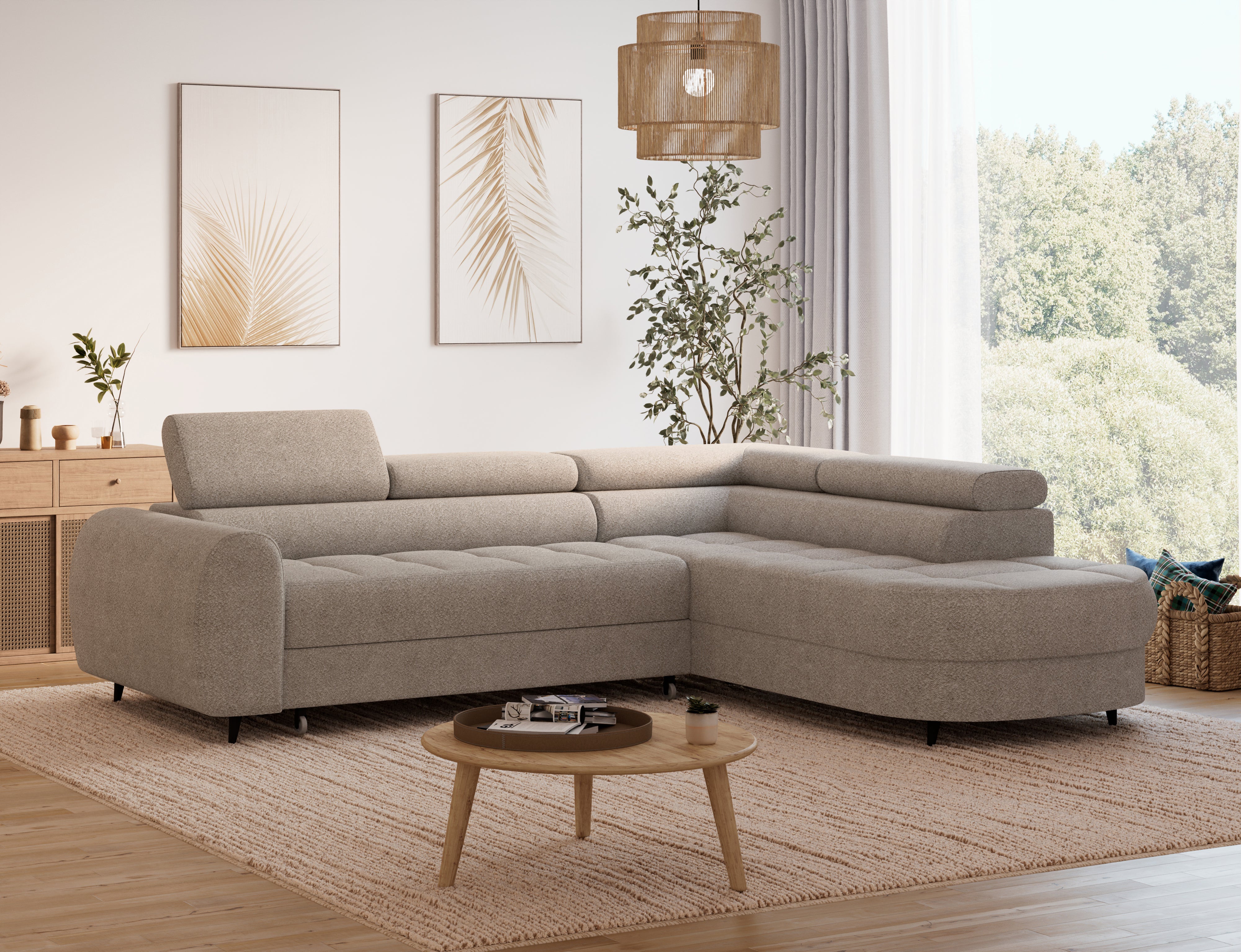 Canapé d'angle convertible design ALESIA avec coffre de rangement - Bouclette chinée beige - vue 6