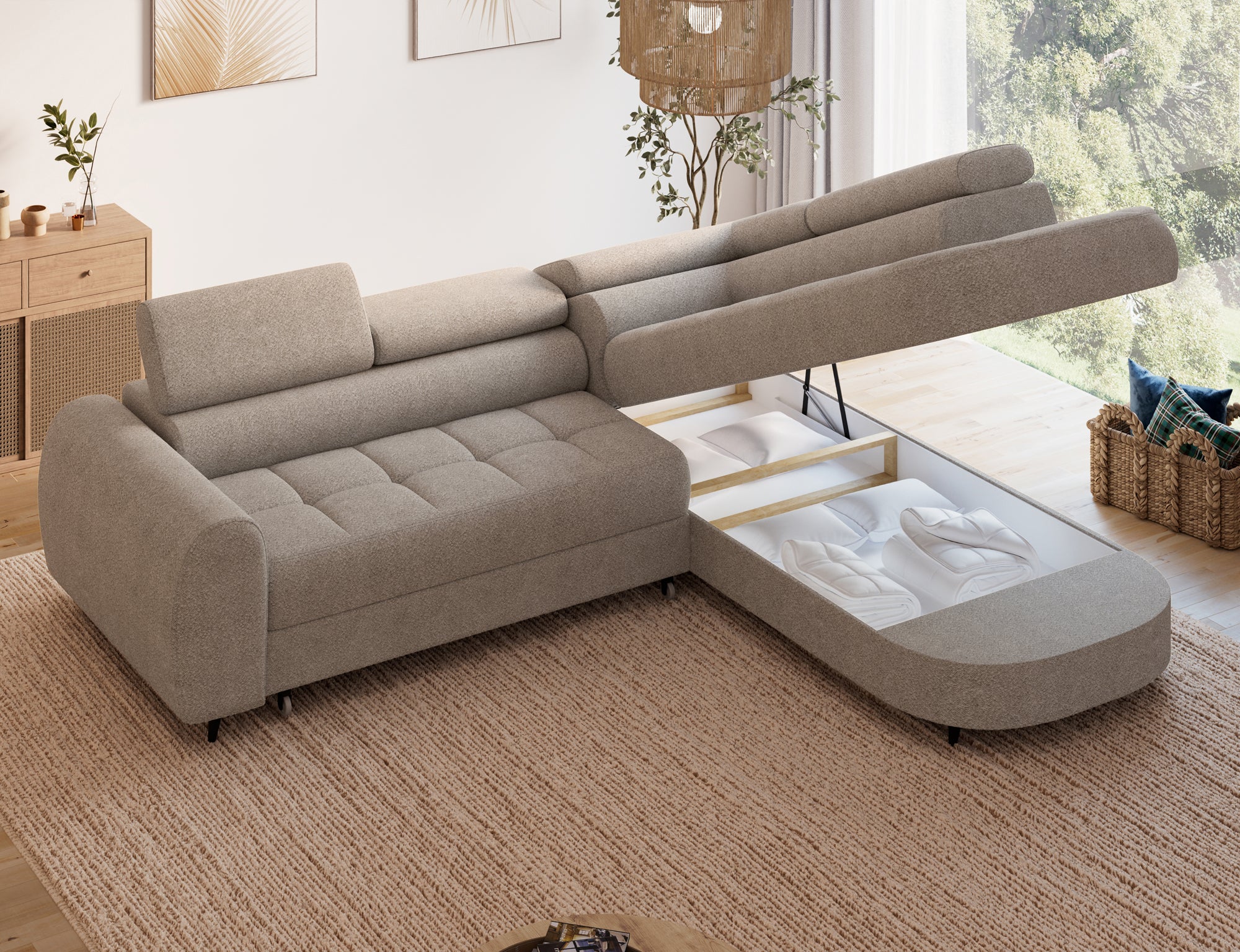 Canapé d'angle convertible design ALESIA avec coffre de rangement - Bouclette chinée beige - vue 9