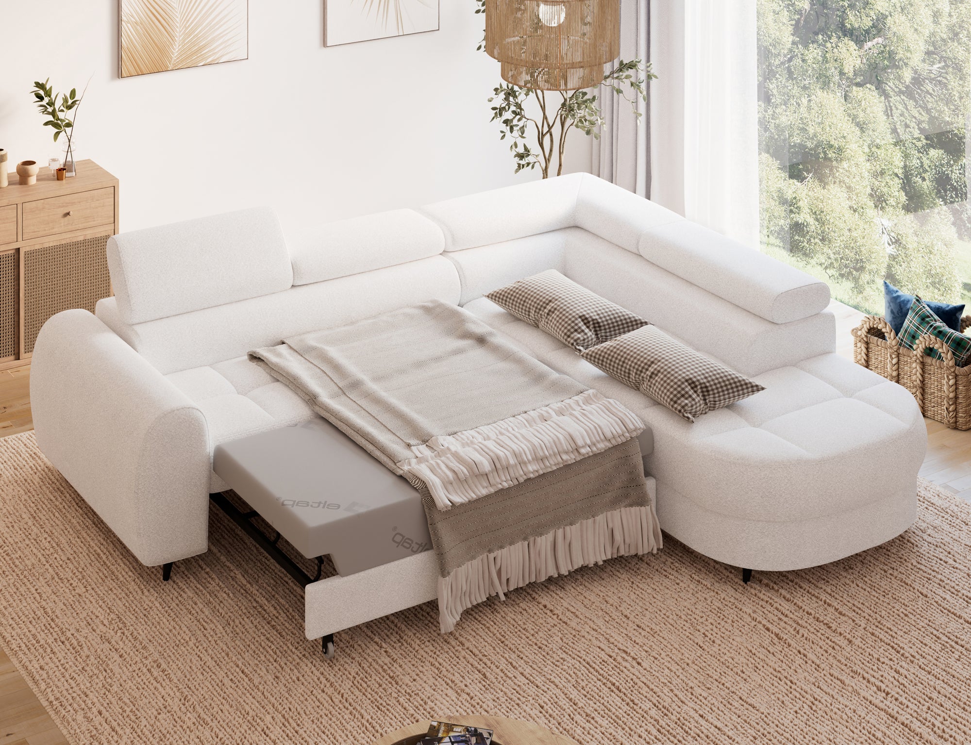 Canapé d'angle convertible design ALESIA avec coffre de rangement - Bouclette chinée crème - vue 2