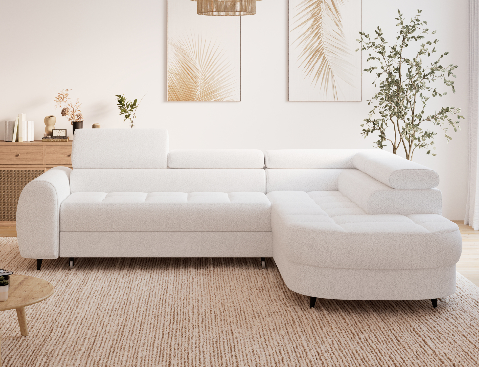 Canapé d'angle convertible design ALESIA avec coffre de rangement - Bouclette chinée crème - vue 3