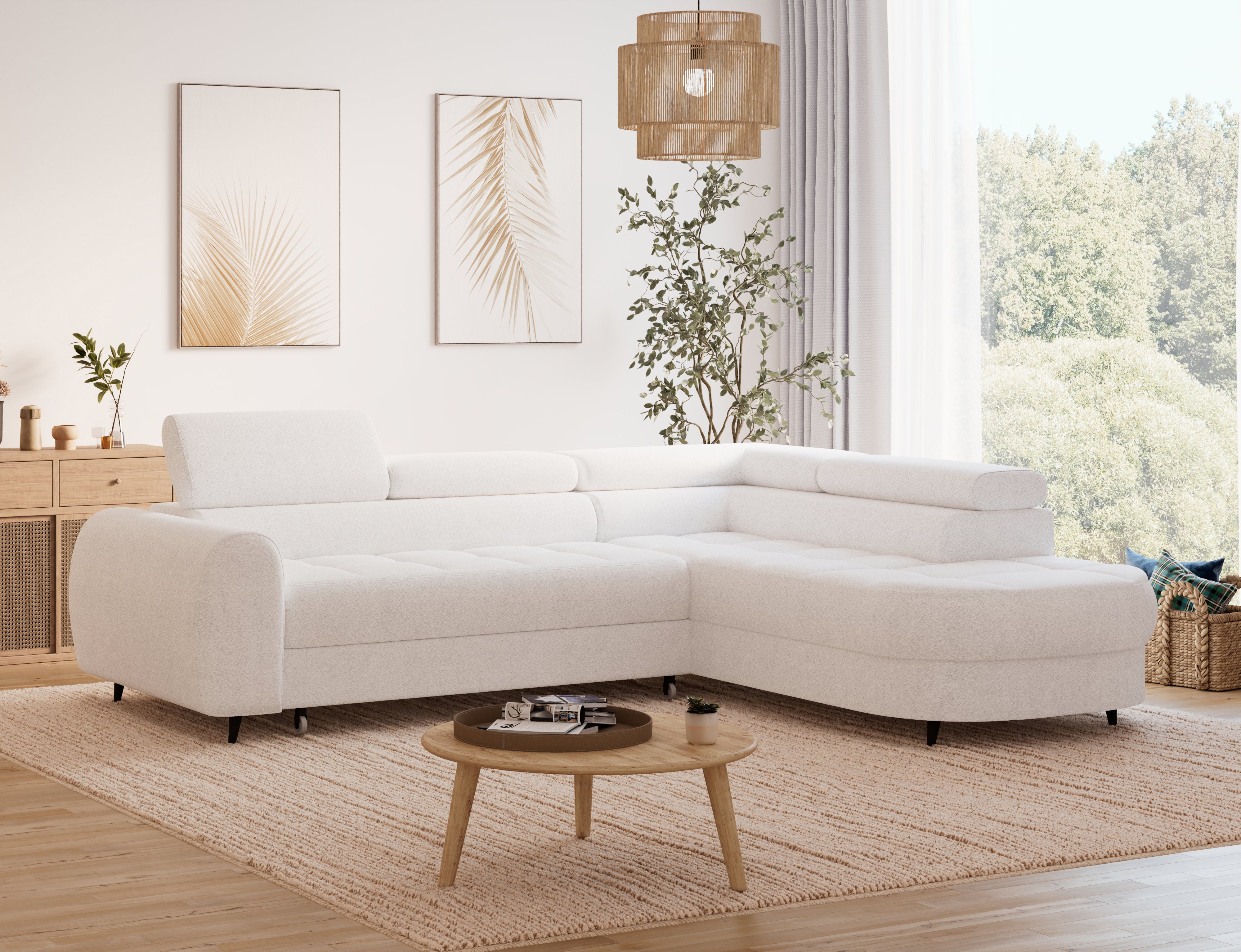 Canapé d'angle convertible design ALESIA avec coffre de rangement - Bouclette chinée crème - vue 6