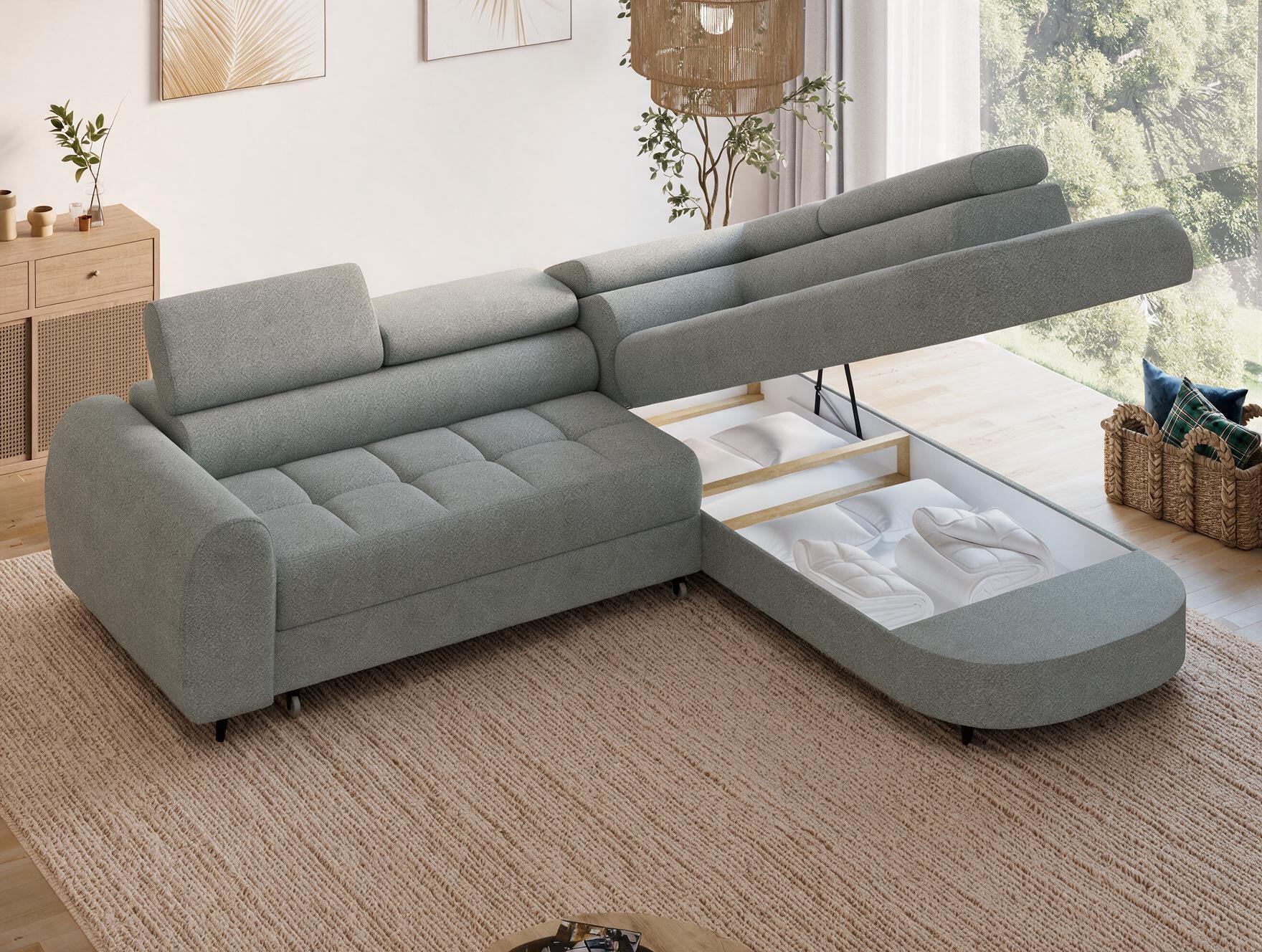 Canapé d'angle convertible design ALESIA avec coffre de rangement - Bouclette chinée gris - vue 9