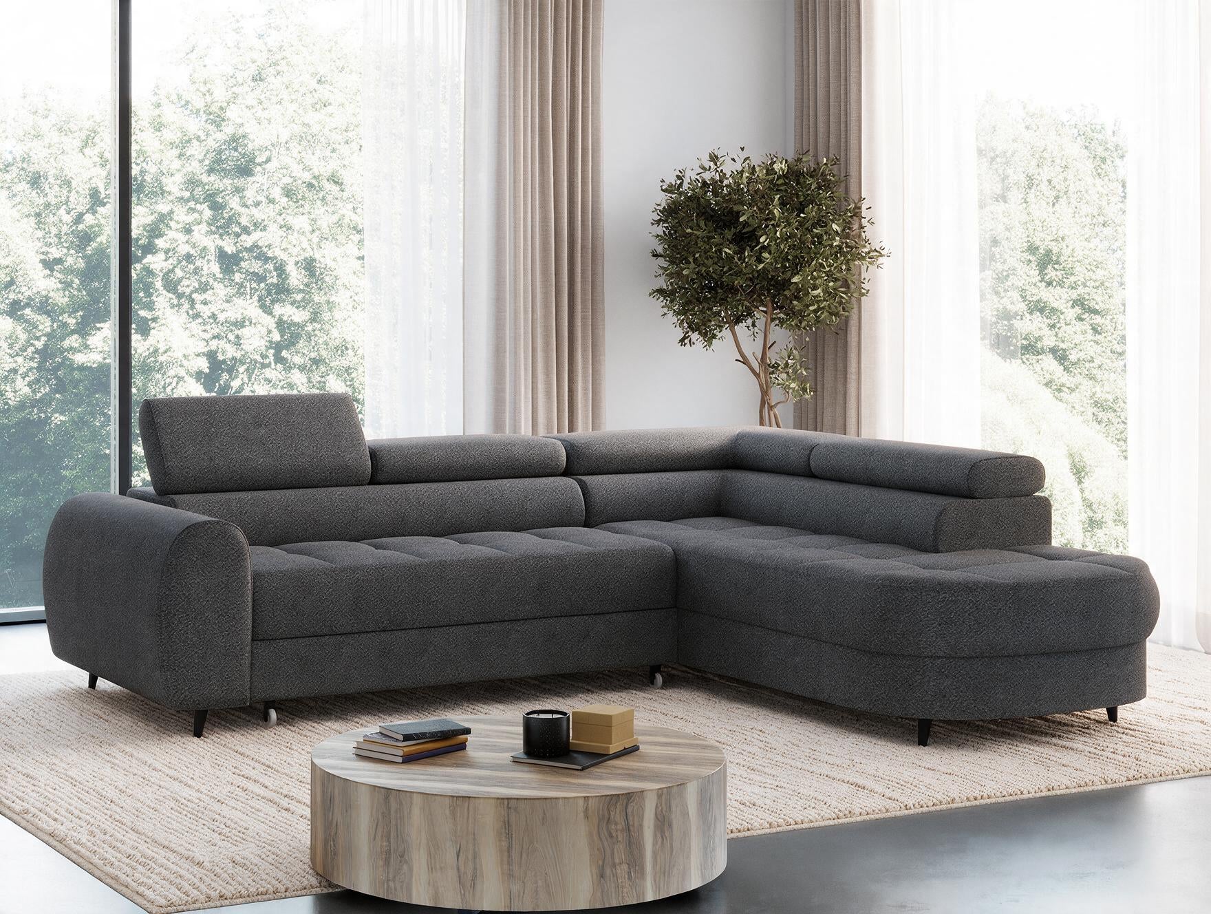 Canapé d'angle convertible design ALESIA avec coffre de rangement - Bouclette chinée gris foncé - vue 14