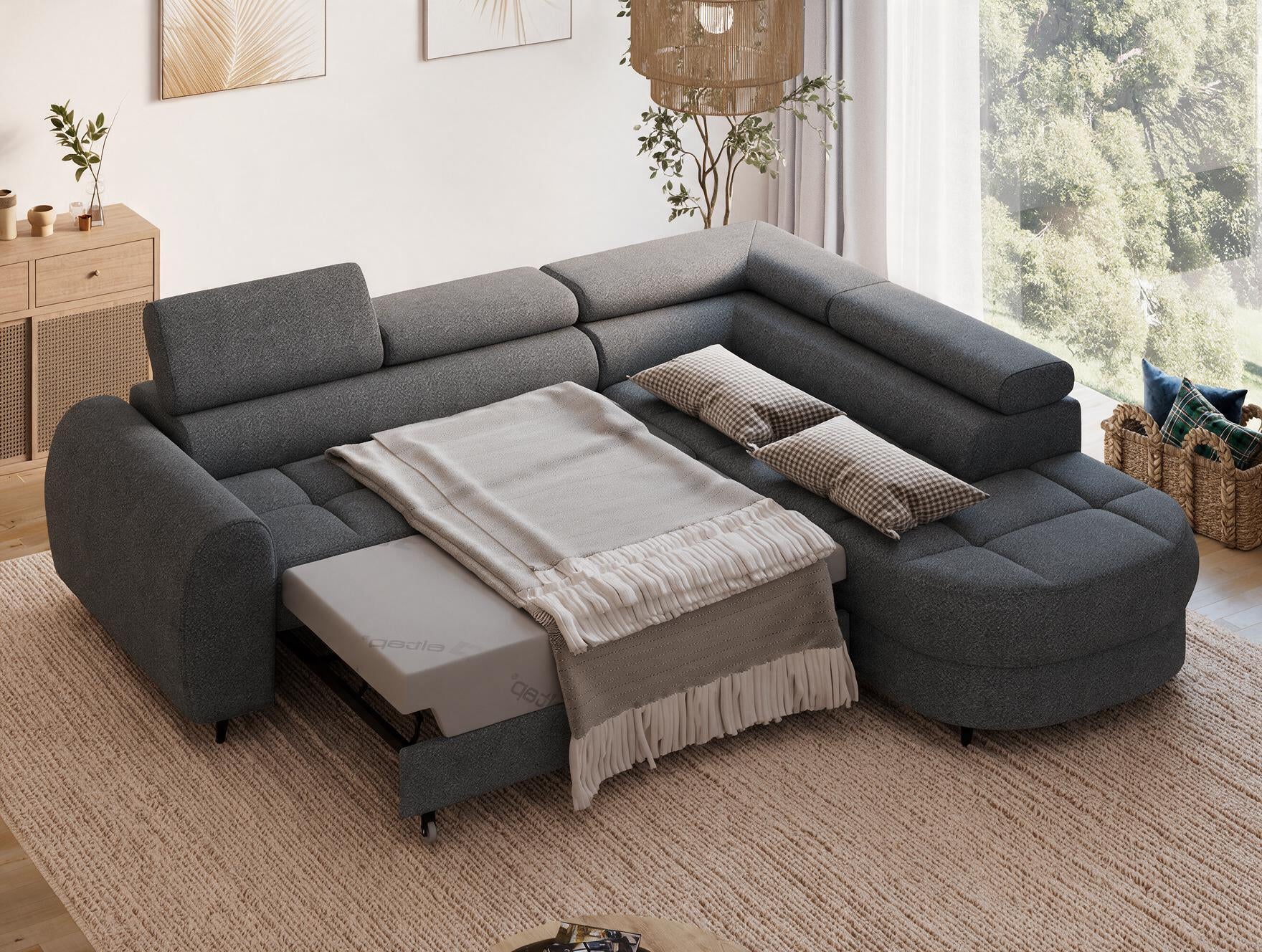 Canapé d'angle convertible design ALESIA avec coffre de rangement - Bouclette chinée gris foncé - vue 2
