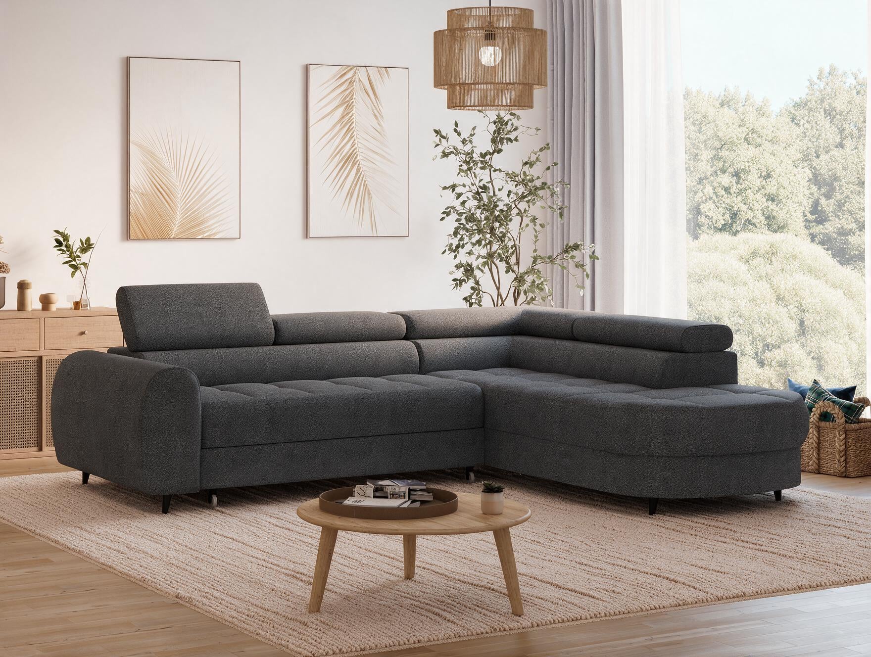 Canapé d'angle convertible design ALESIA avec coffre de rangement - Bouclette chinée gris foncé - vue 6