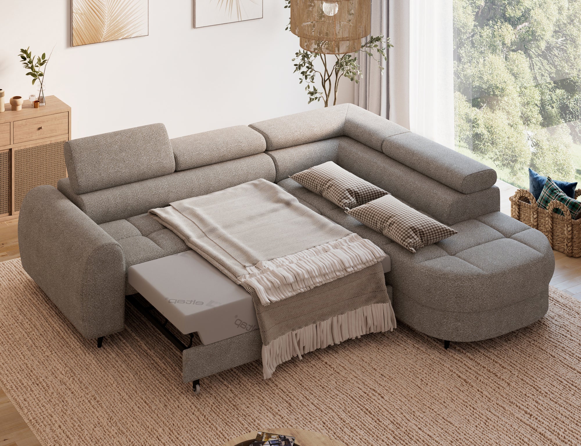 Canapé d'angle convertible design ALESIA avec coffre de rangement - Bouclette chinée taupe - vue 2