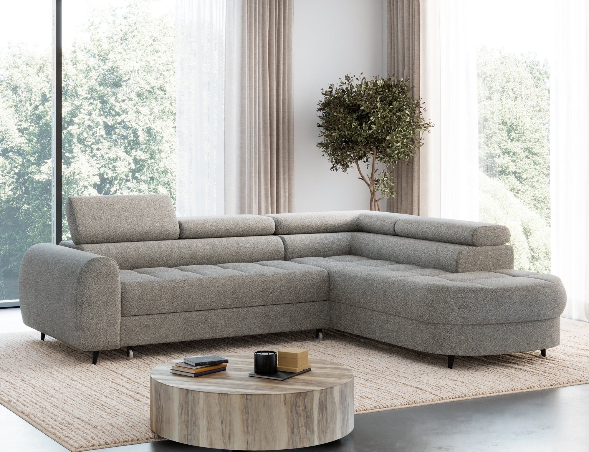 Canapé d'angle convertible design ALESIA avec coffre de rangement - Bouclette chinée taupe - vue 5