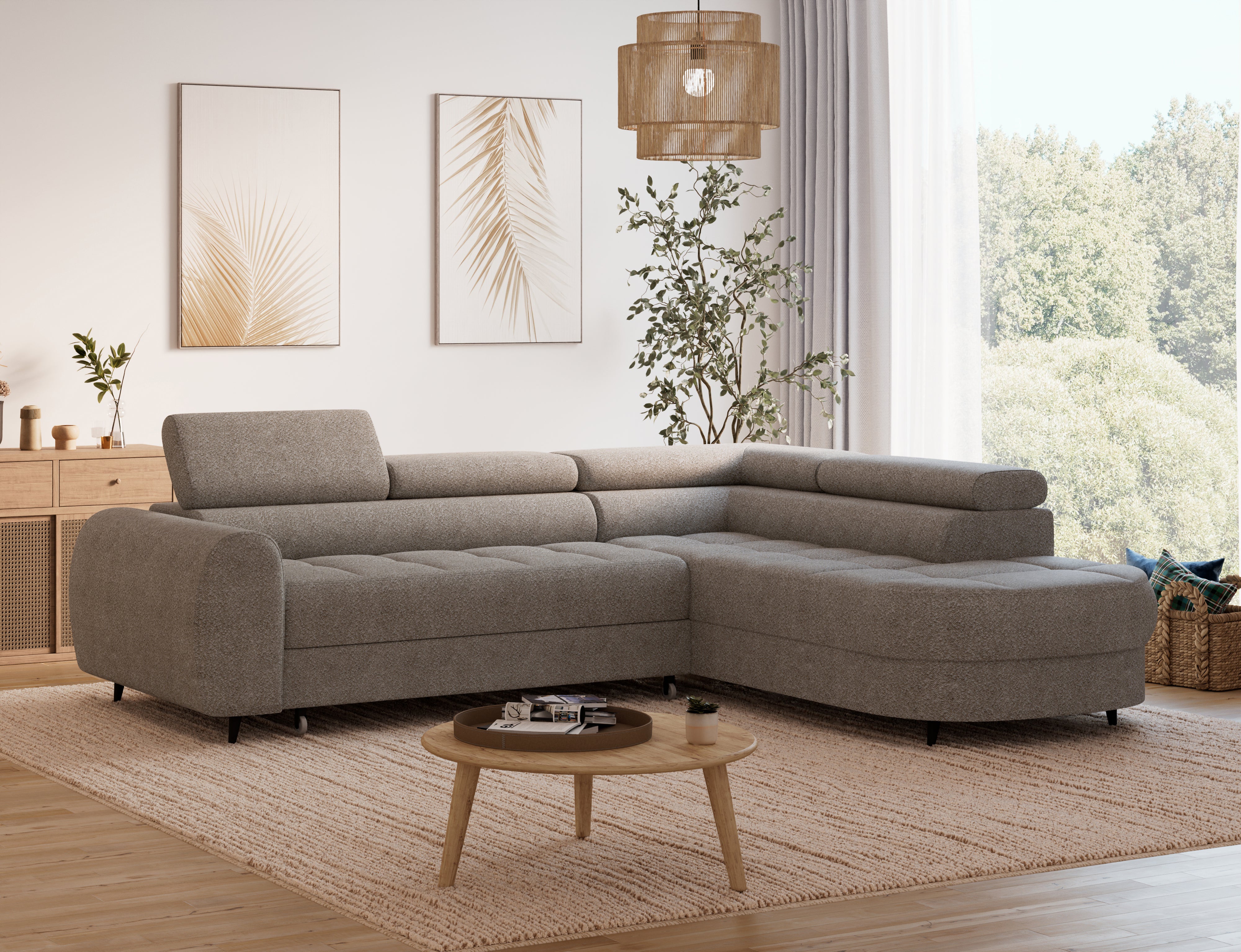 Canapé d'angle convertible design ALESIA avec coffre de rangement - Bouclette chinée taupe - vue 6