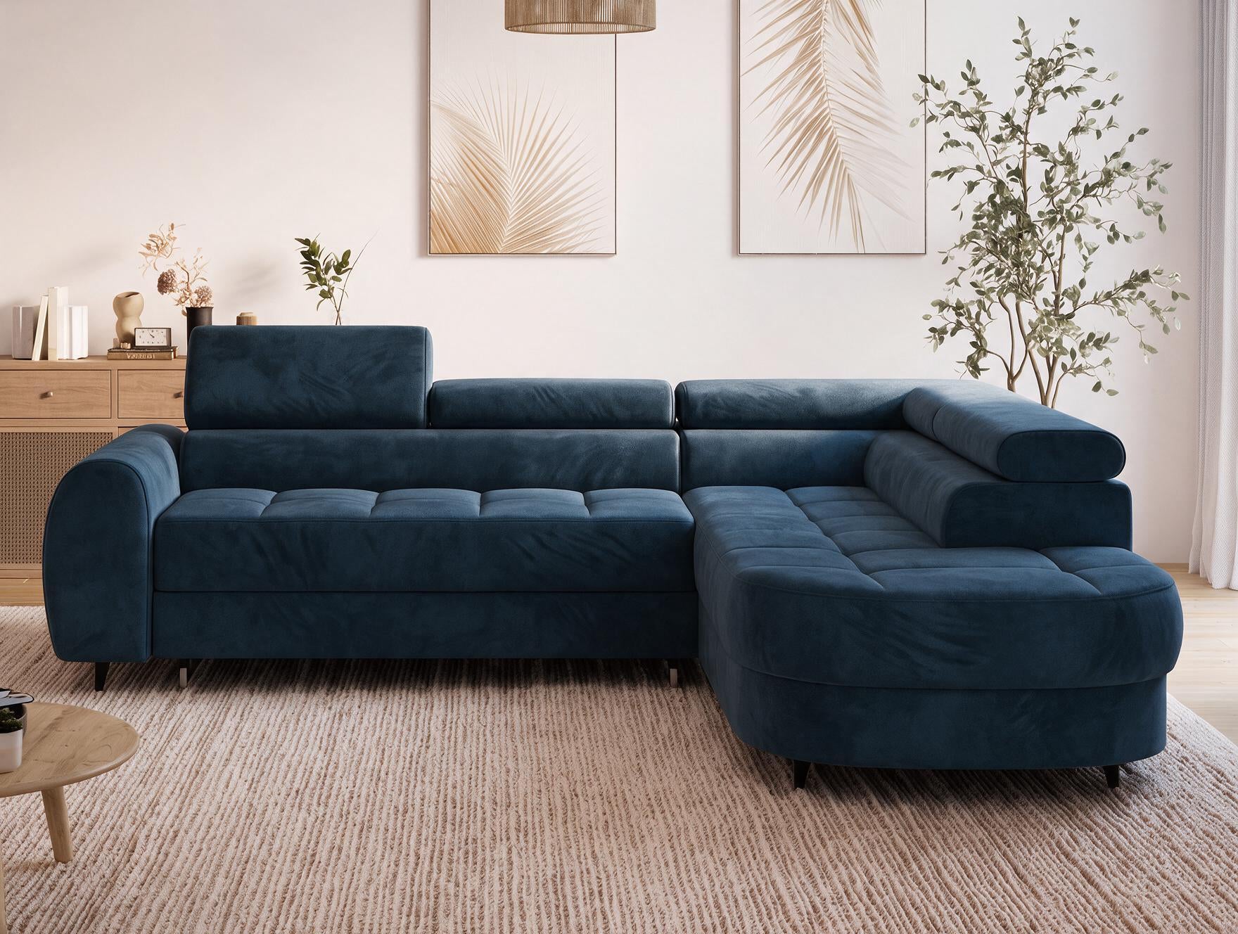 Canapé d'angle convertible design ALESIA avec coffre de rangement - Velours bleu marine - vue 3