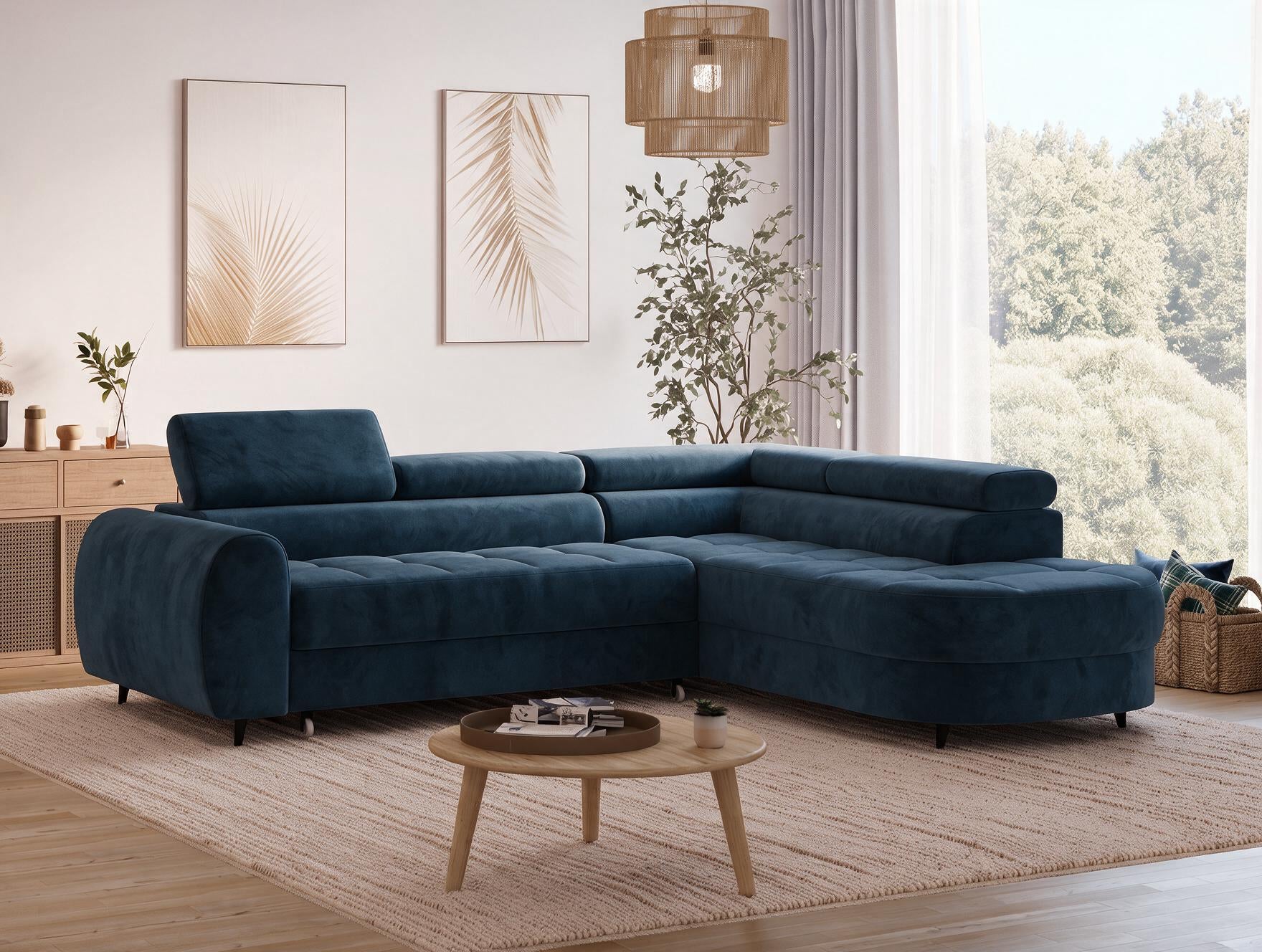 Canapé d'angle convertible design ALESIA avec coffre de rangement - Velours bleu marine - vue 6