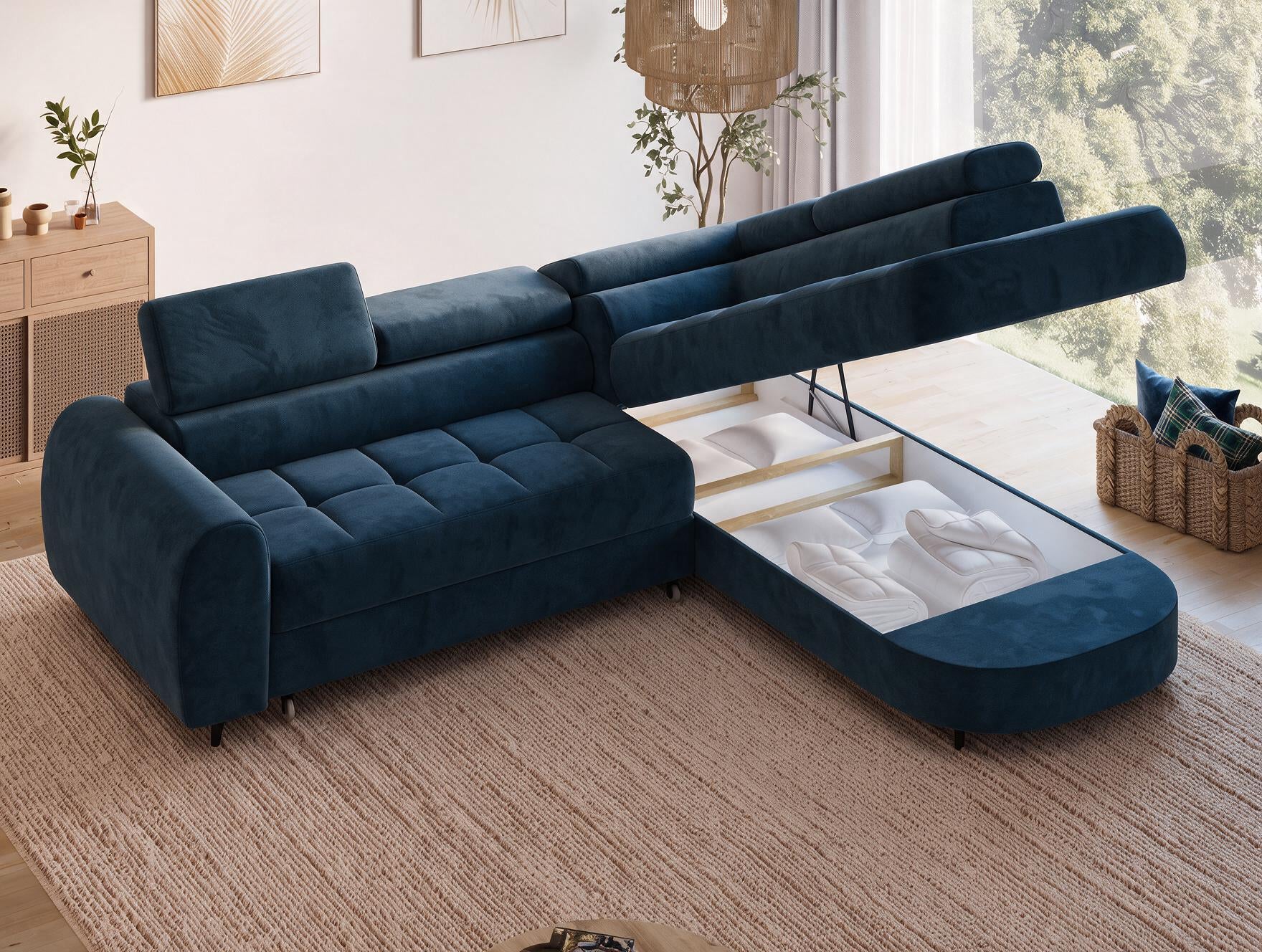 Canapé d'angle convertible design ALESIA avec coffre de rangement - Velours bleu marine - vue 9