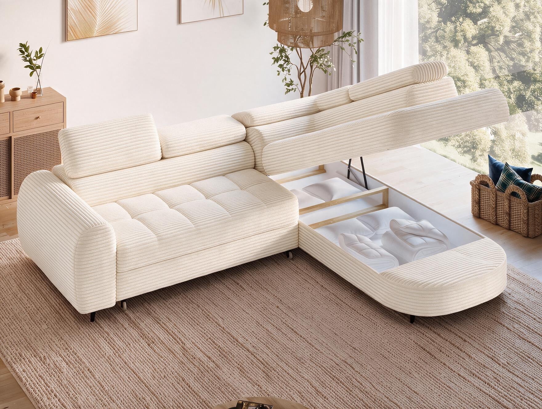 Canapé d'angle convertible design ALESIA avec coffre de rangement - Velours côtelé épais beige - vue 14