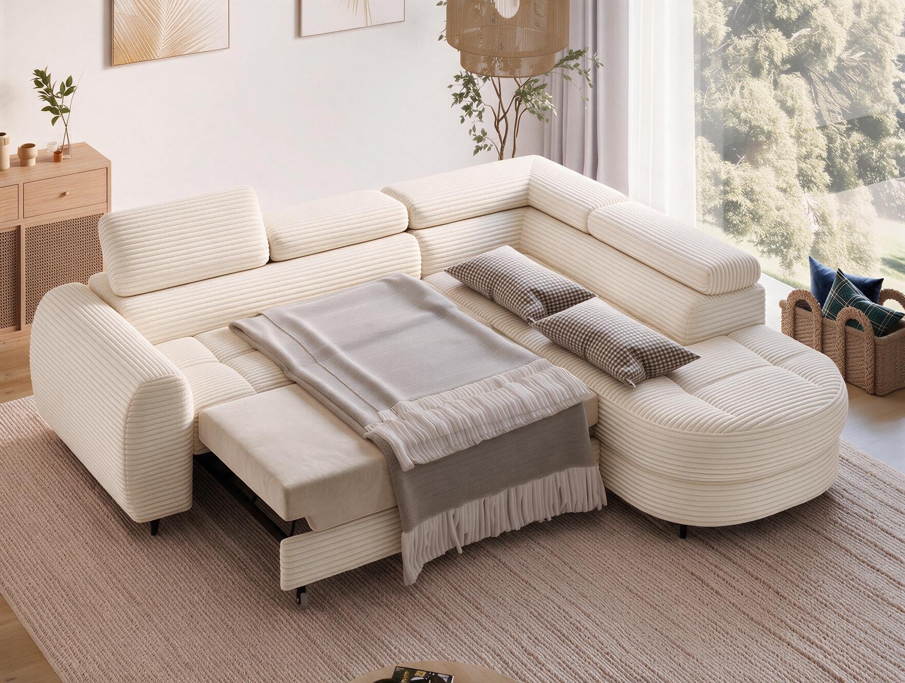 Canapé d'angle convertible design ALESIA avec coffre de rangement - Velours côtelé épais beige - vue 2