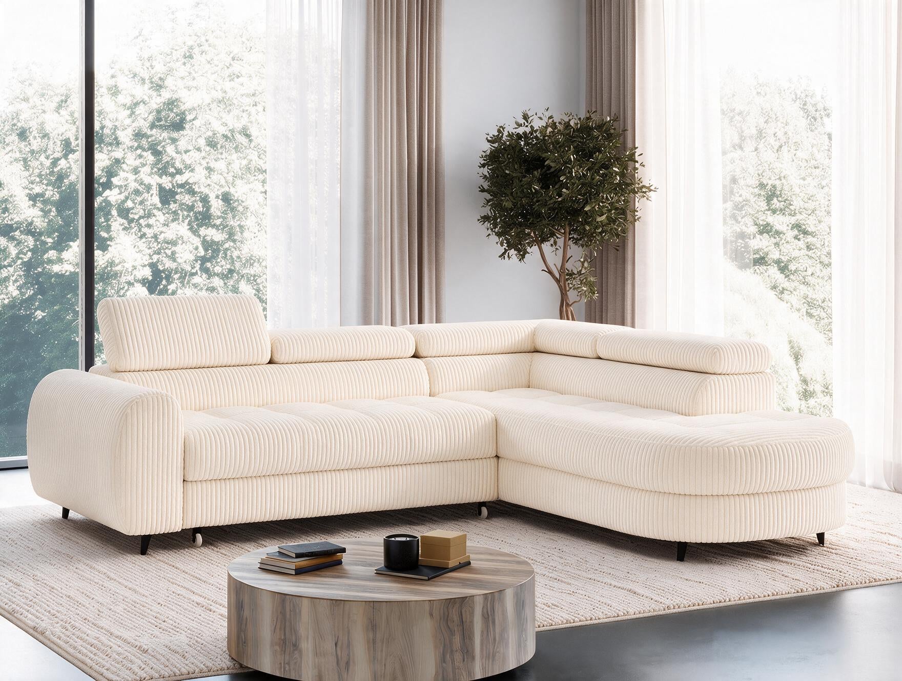 Canapé d'angle convertible design ALESIA avec coffre de rangement - Velours côtelé épais beige - vue 5