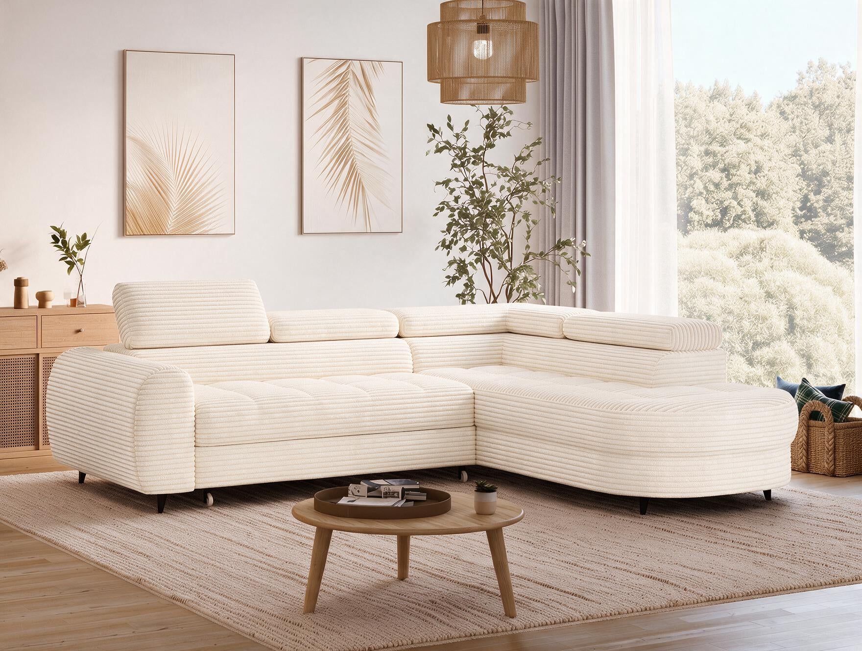 Canapé d'angle convertible design ALESIA avec coffre de rangement - Velours côtelé épais beige - vue 9