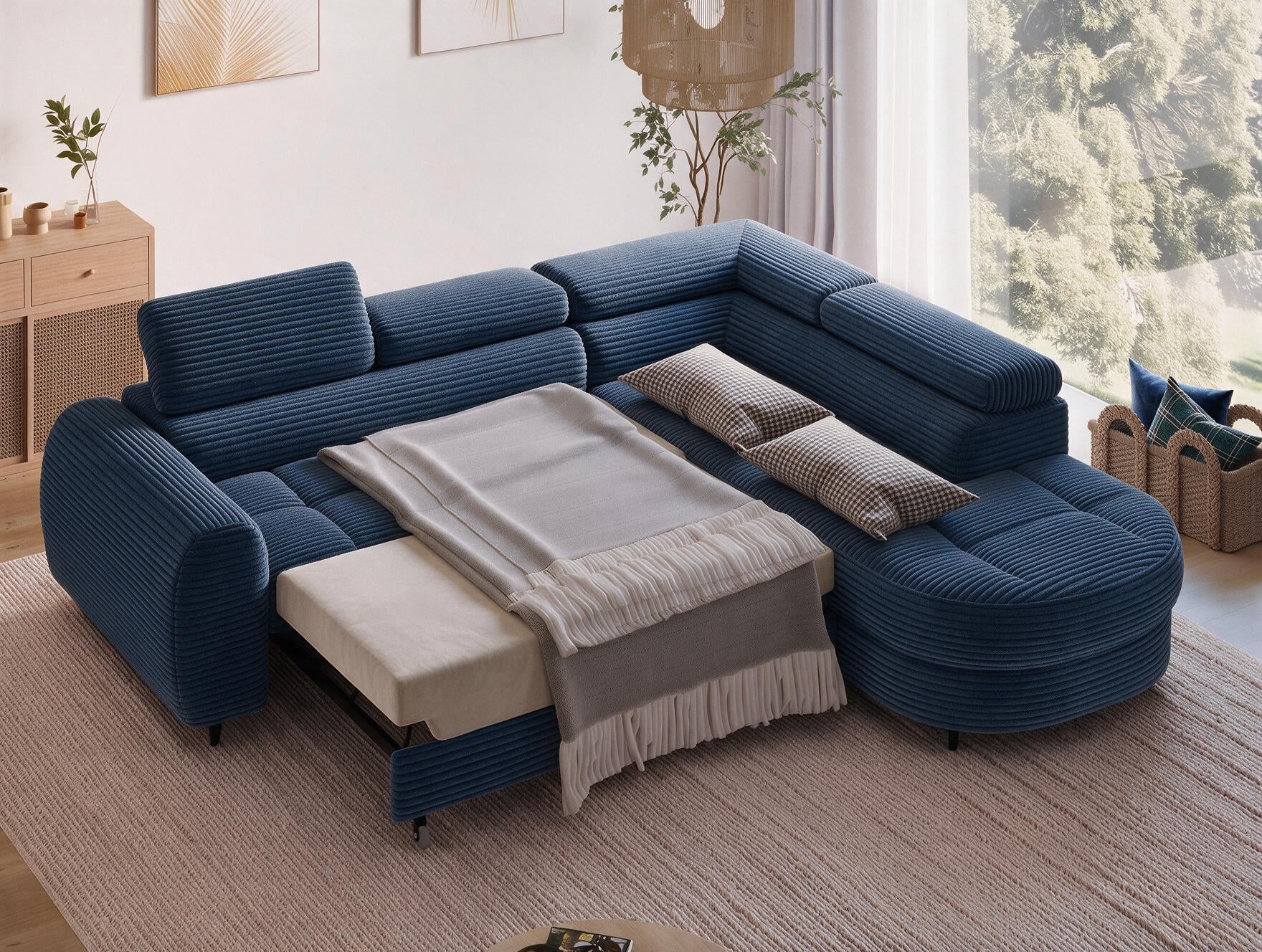 Canapé d'angle convertible design ALESIA avec coffre de rangement - Velours côtelé épais bleu - vue 2