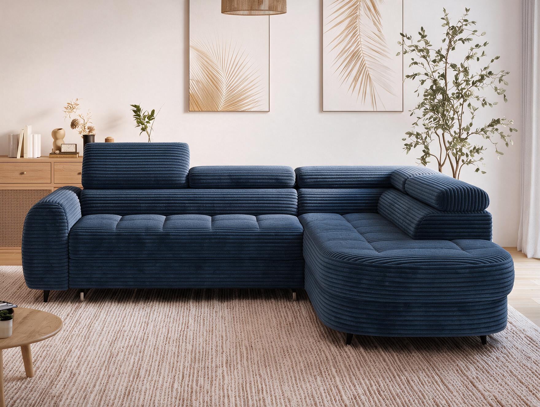 Canapé d'angle convertible design ALESIA avec coffre de rangement - Velours côtelé épais bleu - vue 3