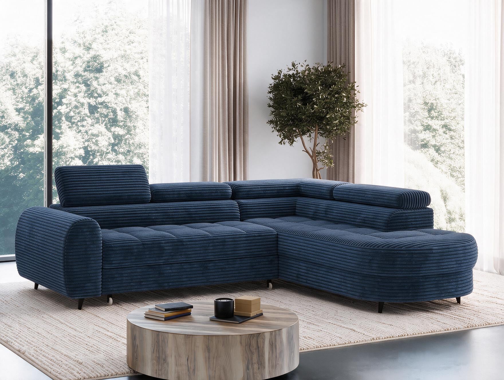 Canapé d'angle convertible design ALESIA avec coffre de rangement - Velours côtelé épais bleu - vue 5