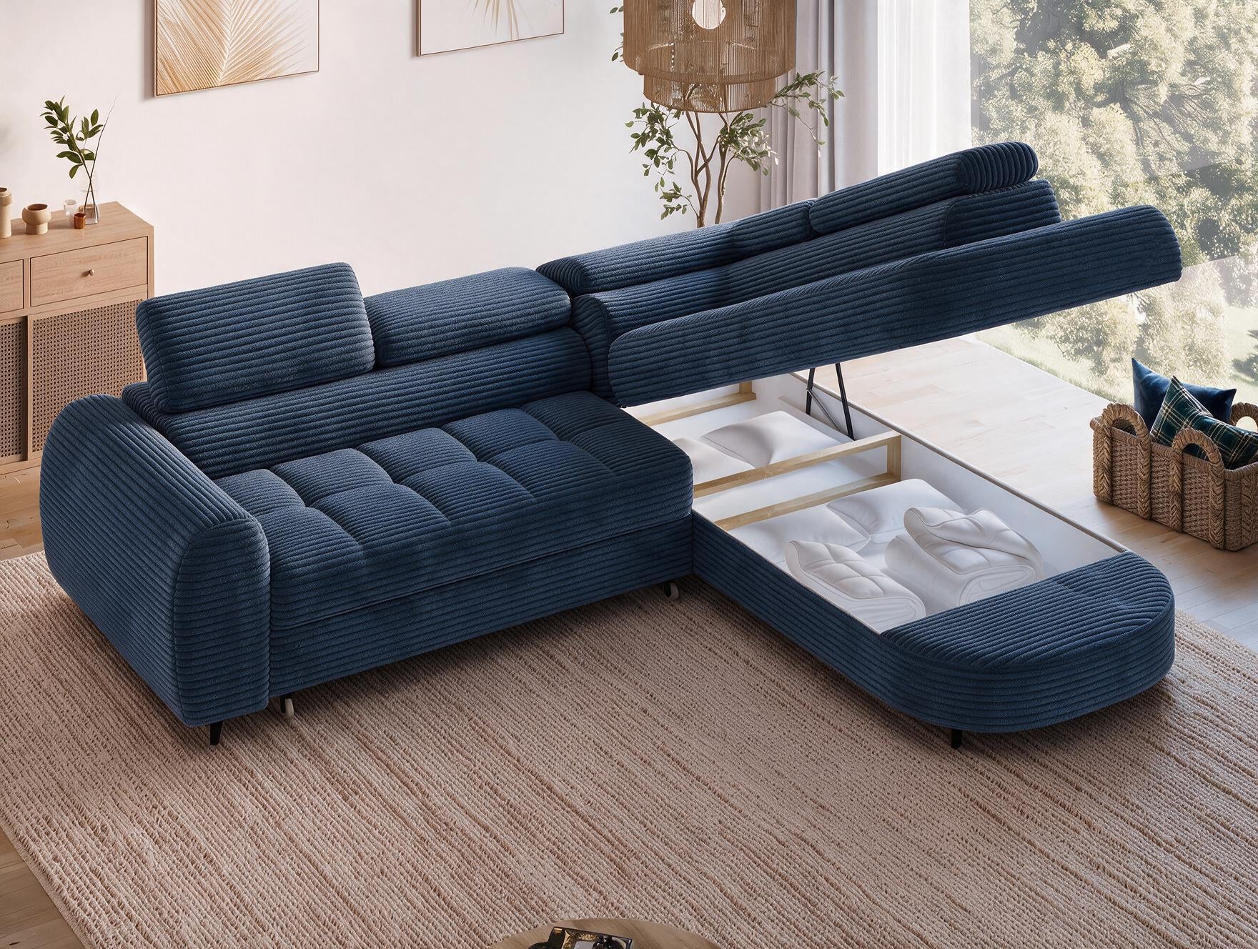 Canapé d'angle convertible design ALESIA avec coffre de rangement - Velours côtelé épais bleu - vue 9