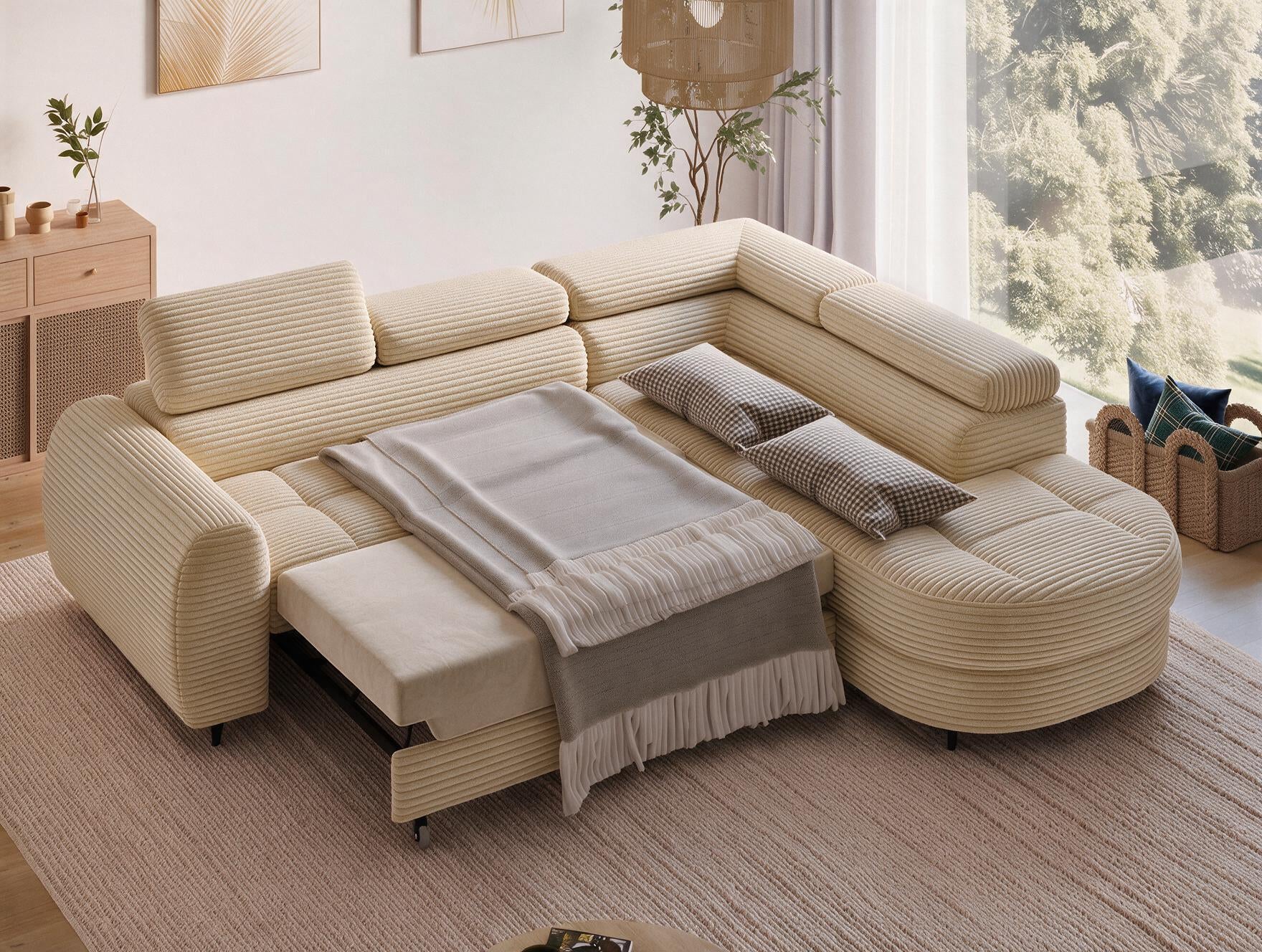 Canapé d'angle convertible design ALESIA avec coffre de rangement - Velours côtelé épais camel - vue 2