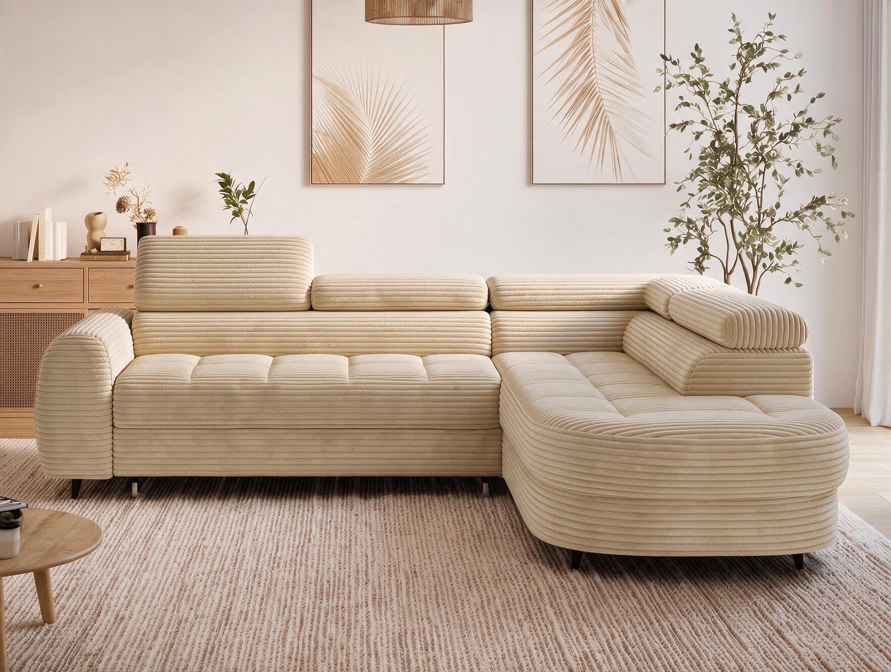 Canapé d'angle convertible design ALESIA avec coffre de rangement - Velours côtelé épais camel - vue 3
