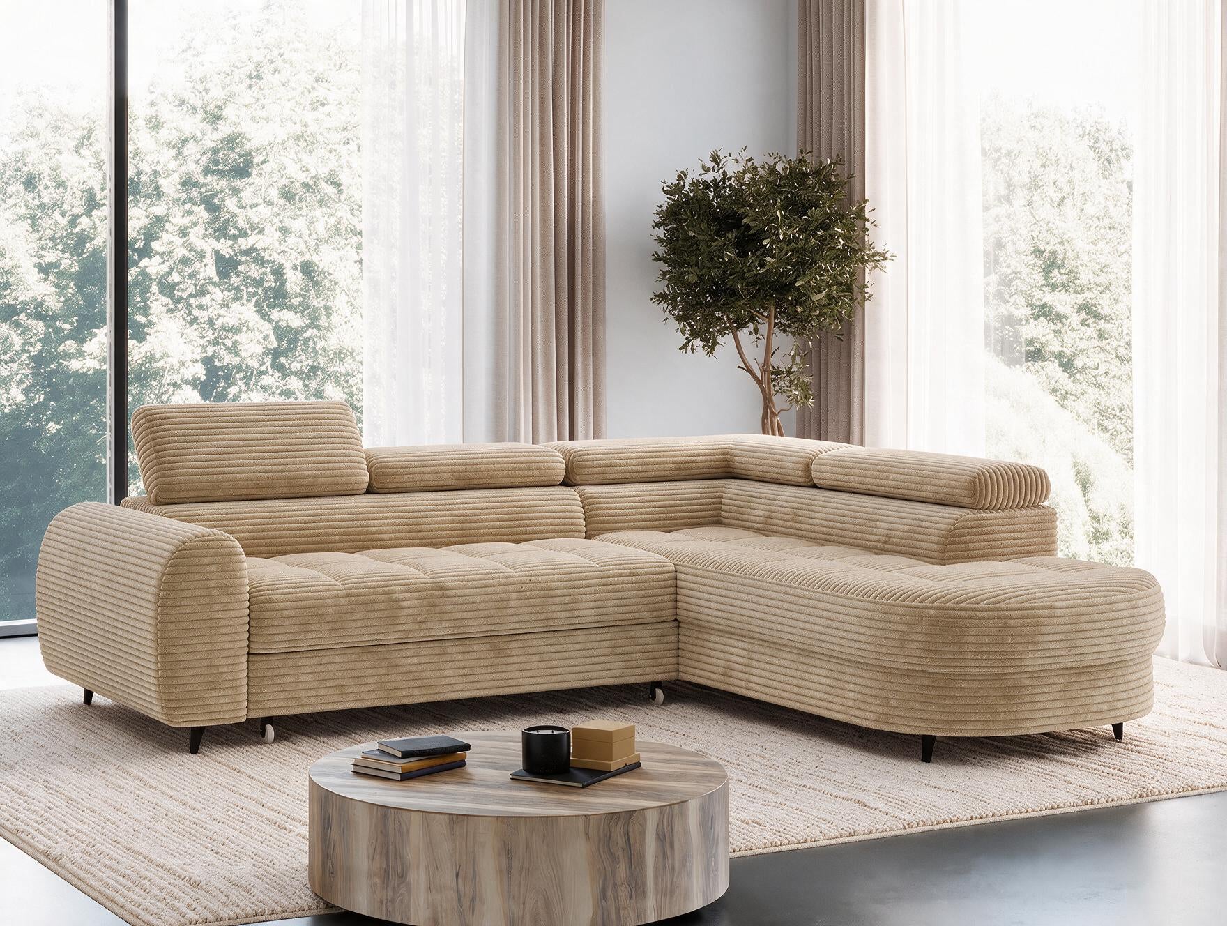 Canapé d'angle convertible design ALESIA avec coffre de rangement - Velours côtelé épais camel - vue 5