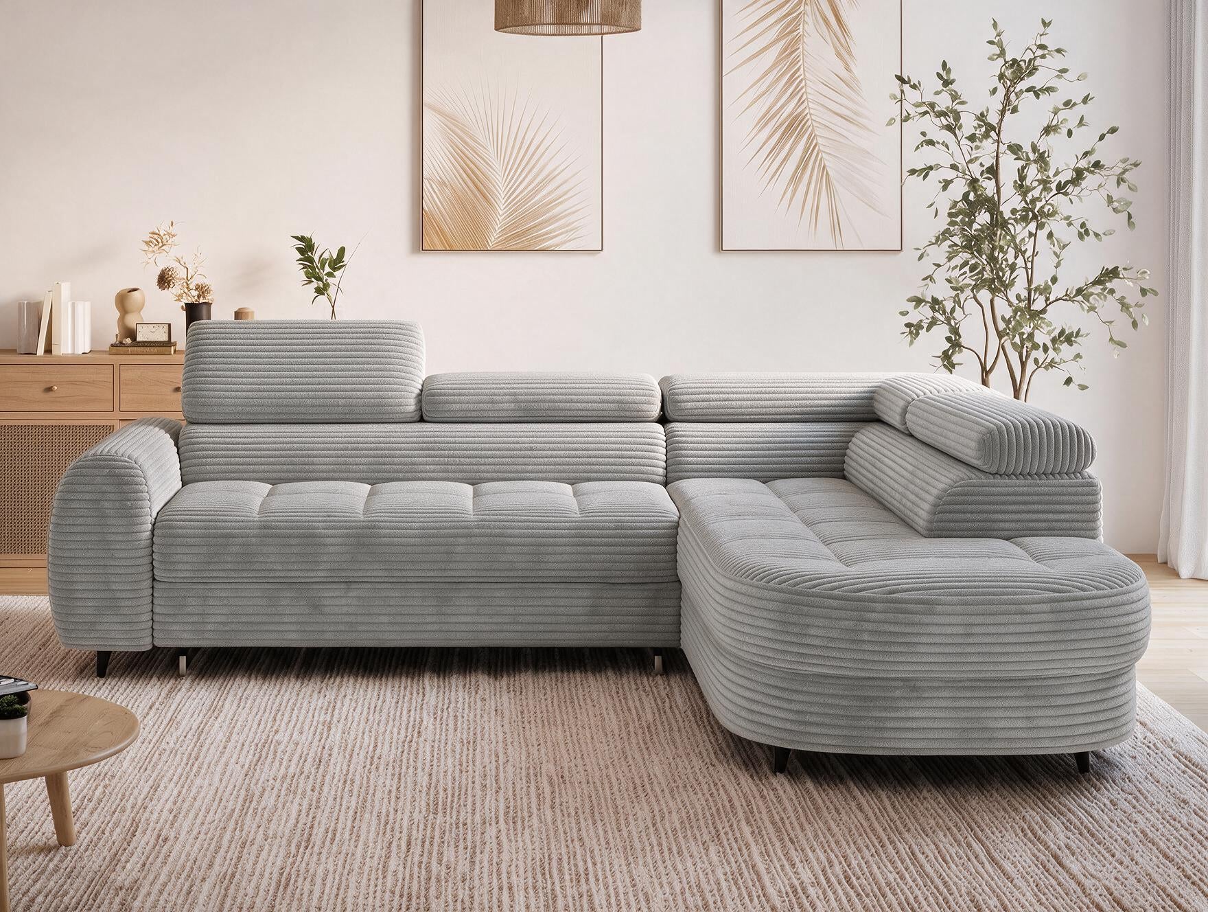 Canapé d'angle convertible design ALESIA avec coffre de rangement - Velours côtelé épais gris clair - vue 3